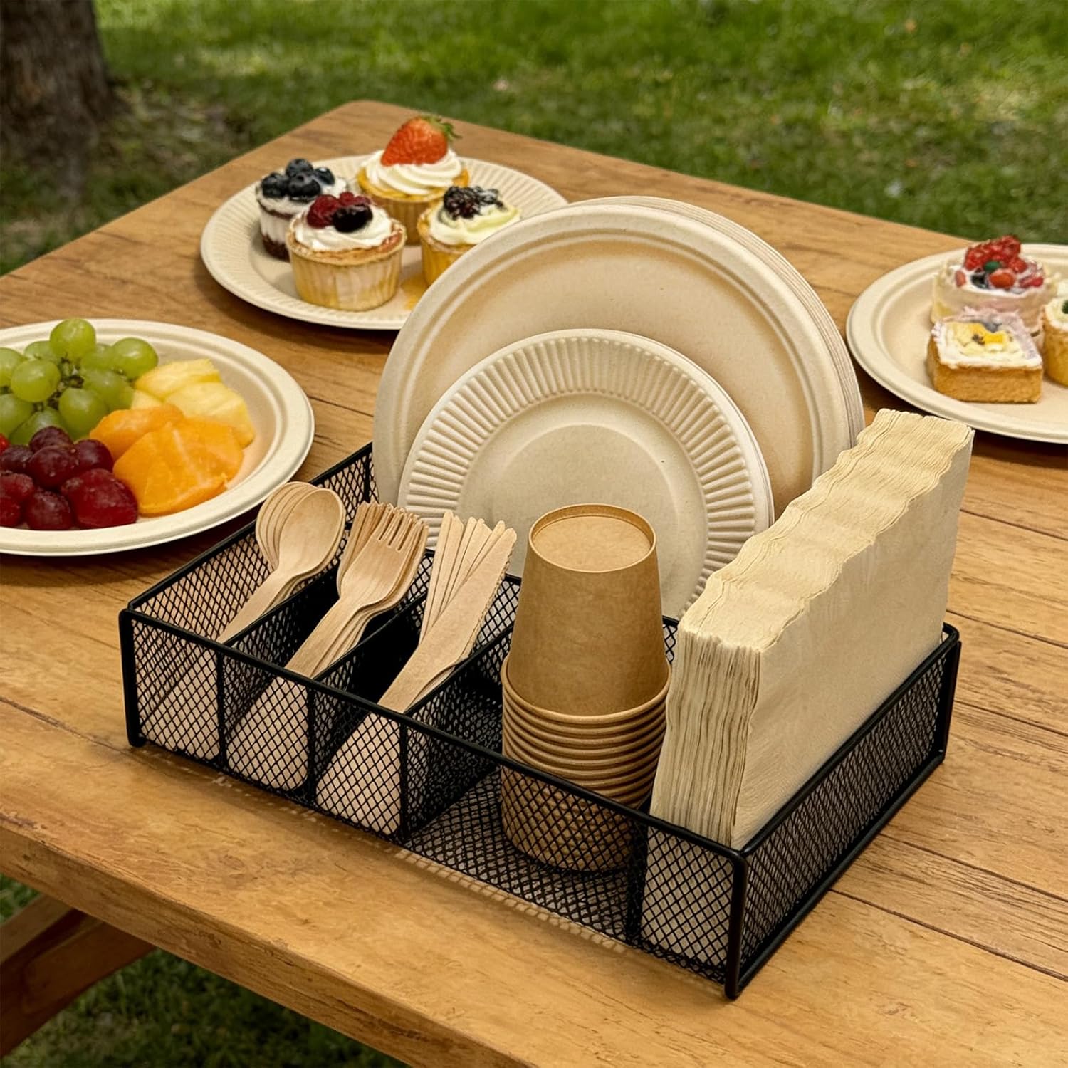 Paper Plate Organizer for Countertop - Metal Utensil Caddy Silverware Holder Cutlery Flatware Plastic Spoon Fork Plates Napkins Cup Storage Dispenser Party Picnic Essentials Camping Supplies
