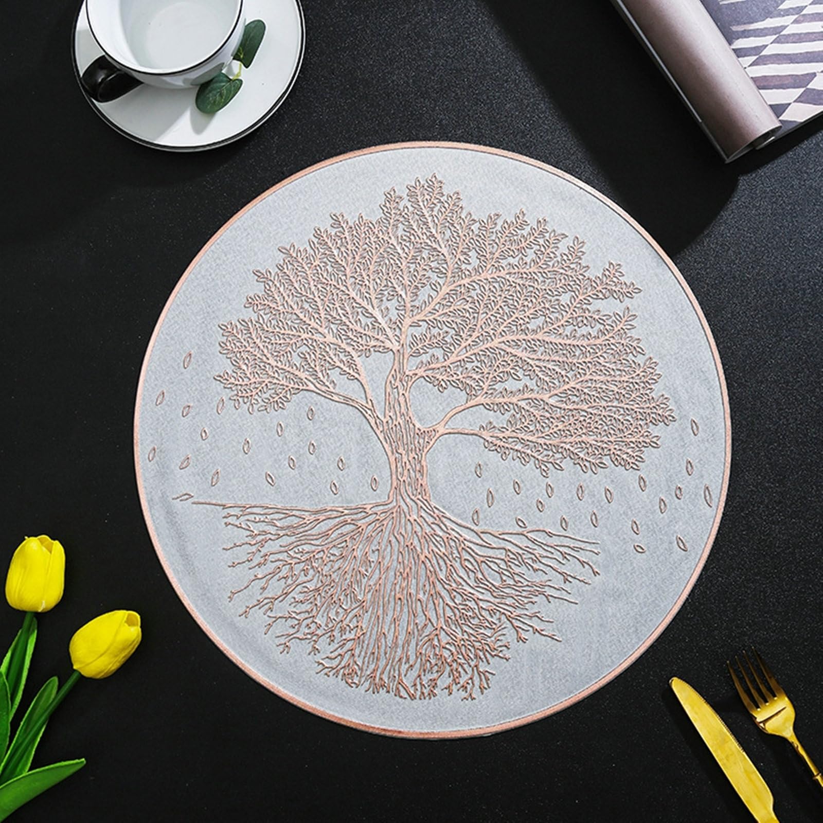 Beydodo Set di 12 tovagliette rotonde in PVC per tavolo da pranzo da 38,1 cm, tovagliette lavabili a forma di cerchio con motivo ad albero