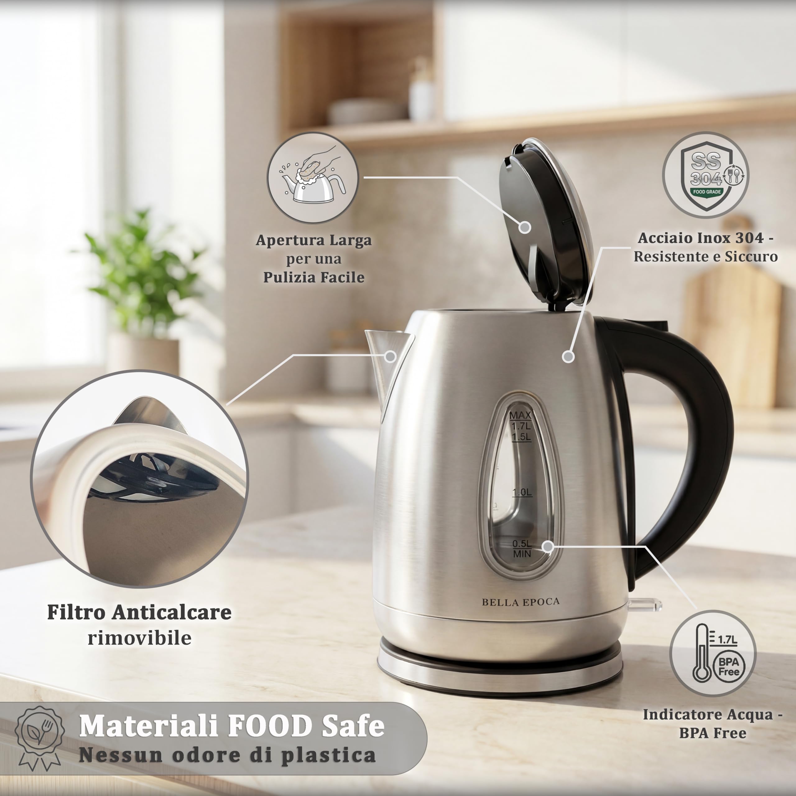 BELLA EPOCA Bollitore Elettrico in Acciaio Inox Spazzolato, 1.7 Litri, 2200W, Bollitore Acqua Rapido e Silenzioso con Doppio Finestrino e Filtro Anticalcare Removibile, Modello Argentum