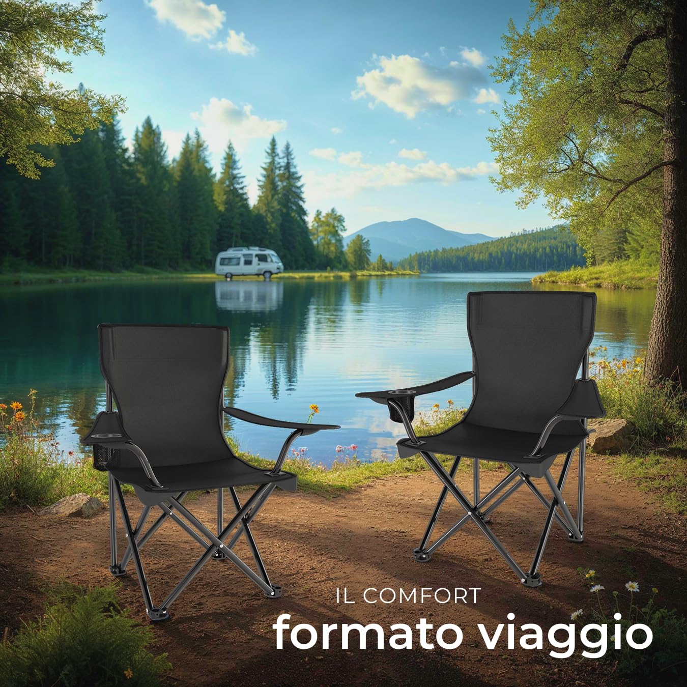 tectake® Set 4 Sedie da Campeggio Pieghevoli, Comoda Imbottitura, Sedie da Esterno con Tessuto in Poliestere, Sedia da campeggio con Bracciolo e Porta Bevande Incorporato, Pratica Borsa Inclusa - Nero