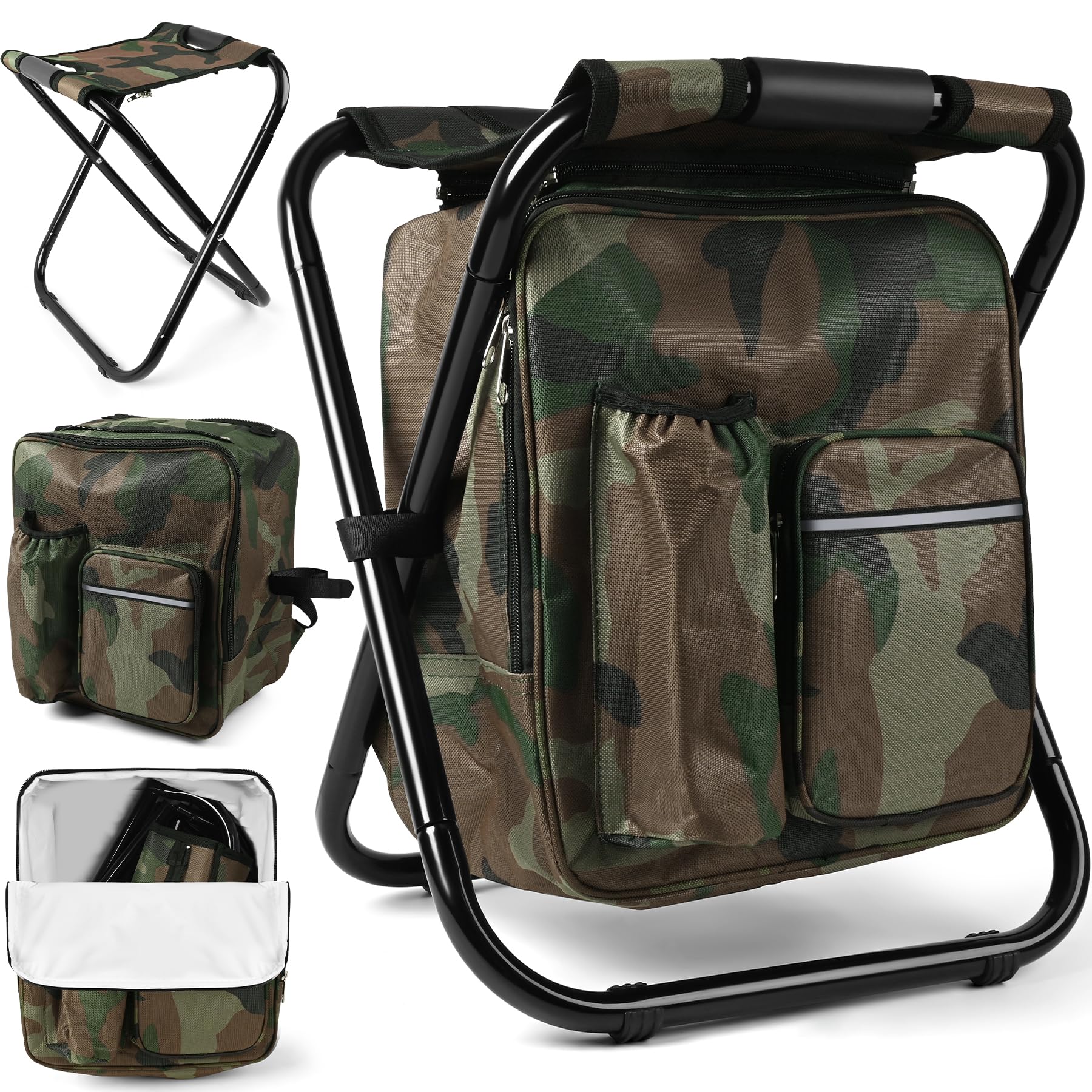 Kikerike Folding Stool Backpack Insulated Cooler Bag, Collapsible Camping Hunting Fishing Multifunction Chair with Front Pocket and Bottle Pocket for Outdoor Events, Hiking, Travel, Beach - Camo