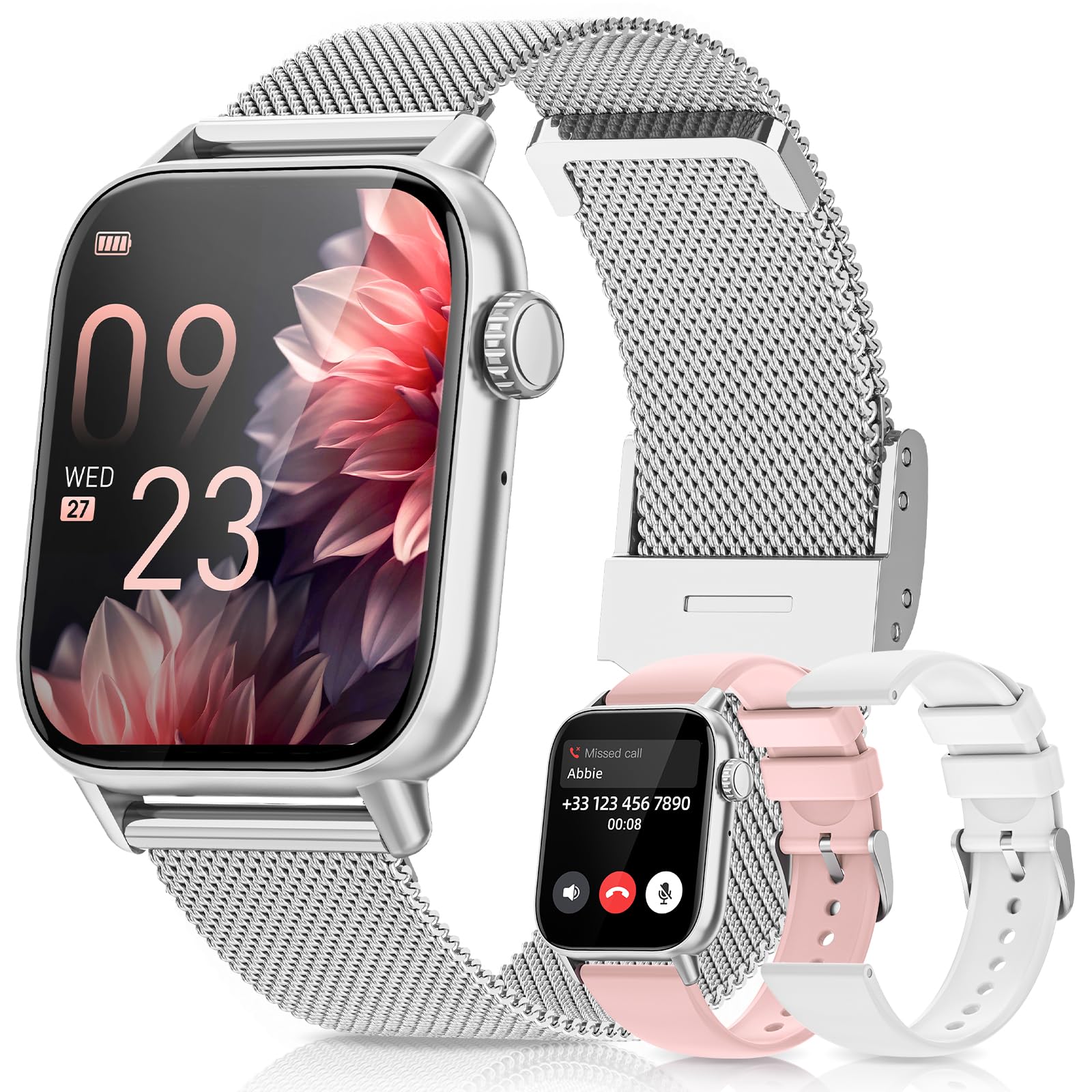 BANLVS Smartwatch Donna con Chiamate, 1.85" Orologio Smartwatch 3 Cinturini 110+ modalità Sportive con SpO2/Sonno/Contapassi, Impermeabile IP68 Fitness Tracker per iOS Android, Argento
