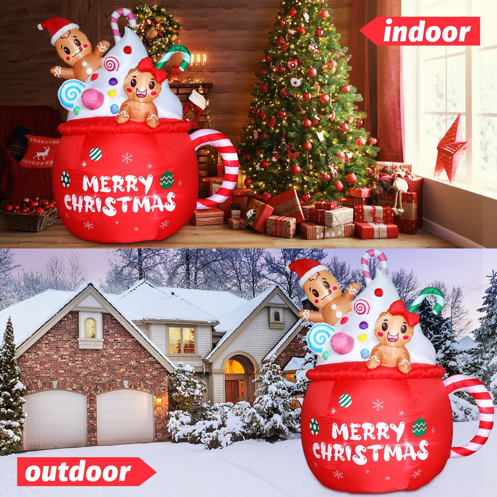 Gonfiabili di Natale Decorazioni Esterne 6ft Pan di Zenzero Gonfiabili Gonfiabili Pan di Zenzero per Vaso di Natale Caldo Cacao Candy Cane Decorazione Cortile