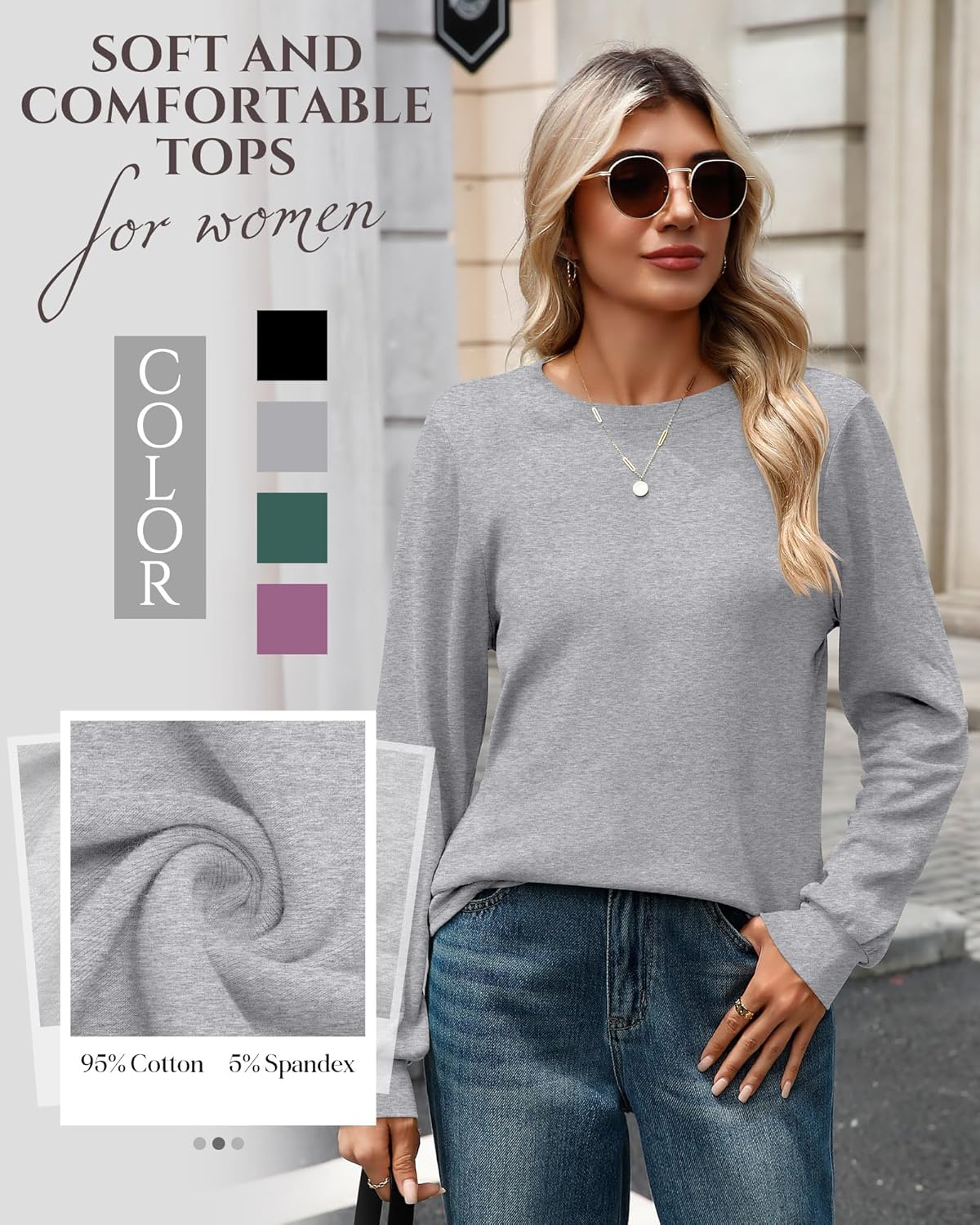 4 Pack Women's Long Sleeve Sweatshirts, Crew Neck Cotton Tees Curved Hem Tunic Pullover Shirts Knit Loose Tops - Image 5