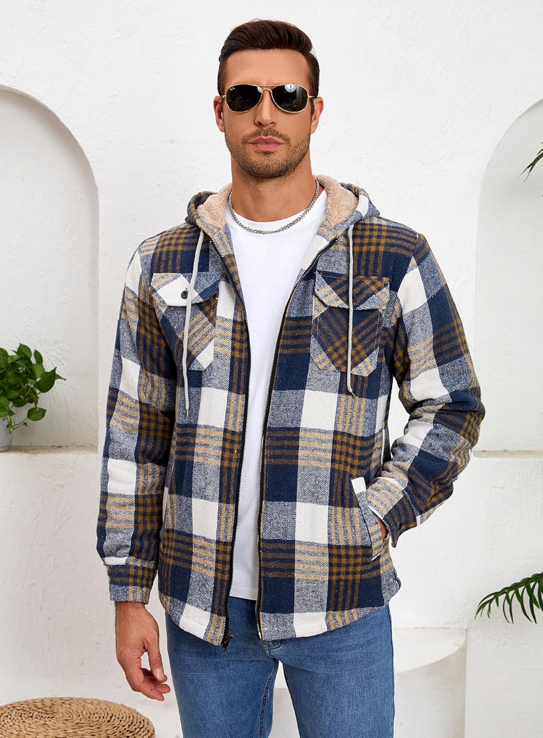 Men's Zip Up Flannel Shirt Jacket Fleece Lined Long Sleeve Plaid Coat Heavyweight Hoodie with Hood - Image 2