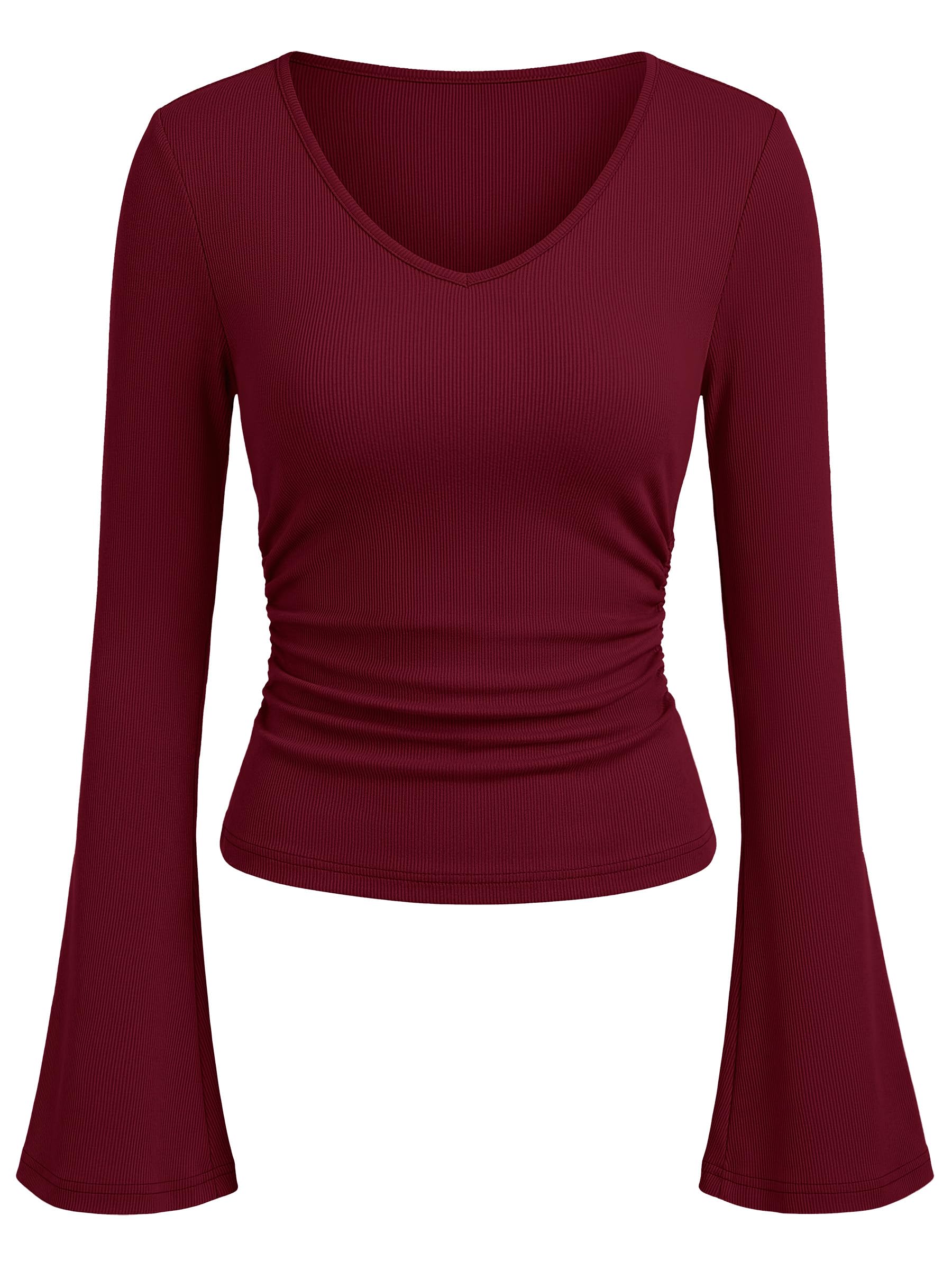 ANRABESS Bell Long Sleeve Shirts for Women Crop Fall Tops | Flare Sleeve Blouse, Ribbed Soft Ruched Side Cropped Basic Tees, Versatile Daily Going Out & Travel Vacation, Y2K Outfits