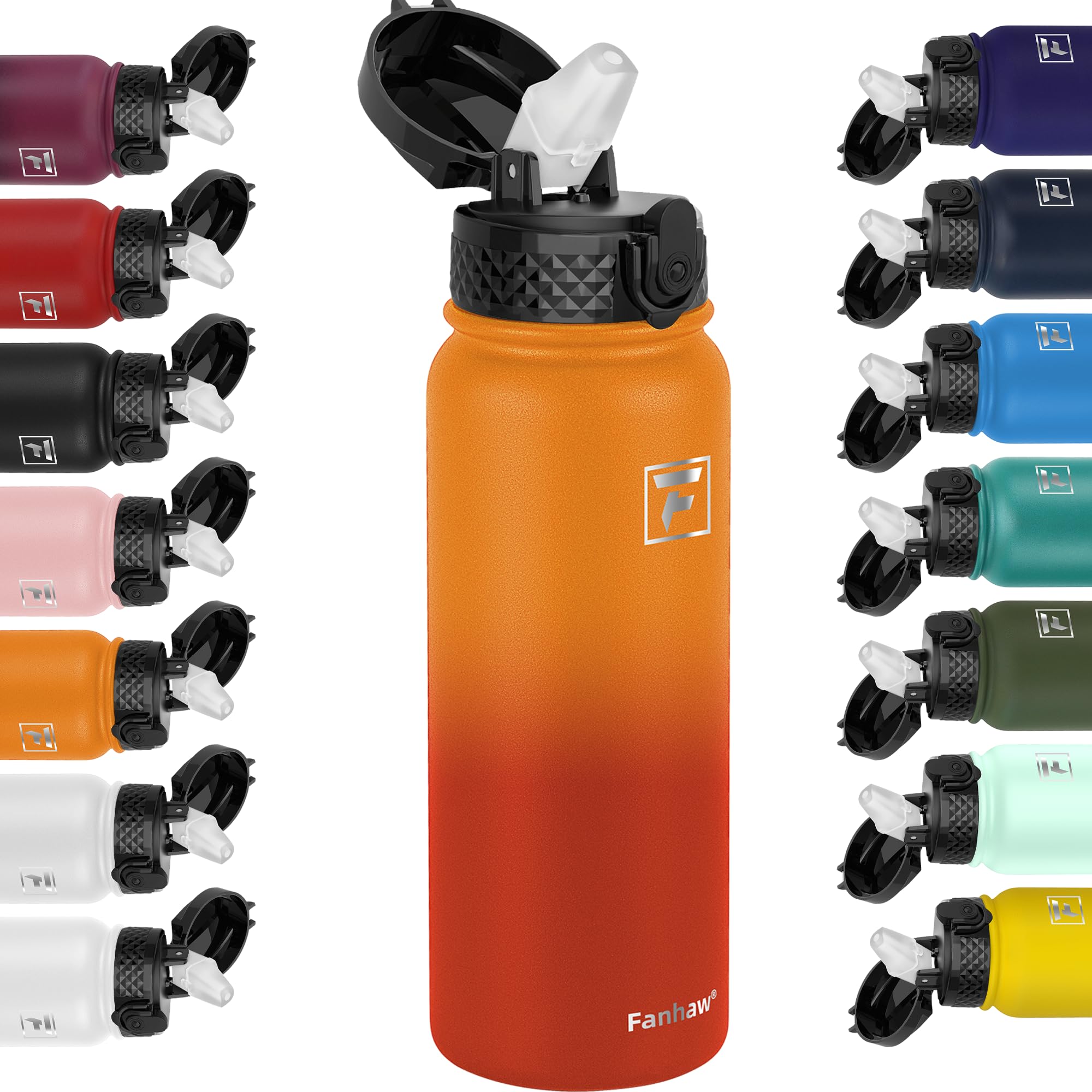 Fanhaw 600ML Edelstahl isolierte Sportwasserflaschen mit Strohhalm für Schule, Kinder, Männer und Frauen (Gelb Orange)