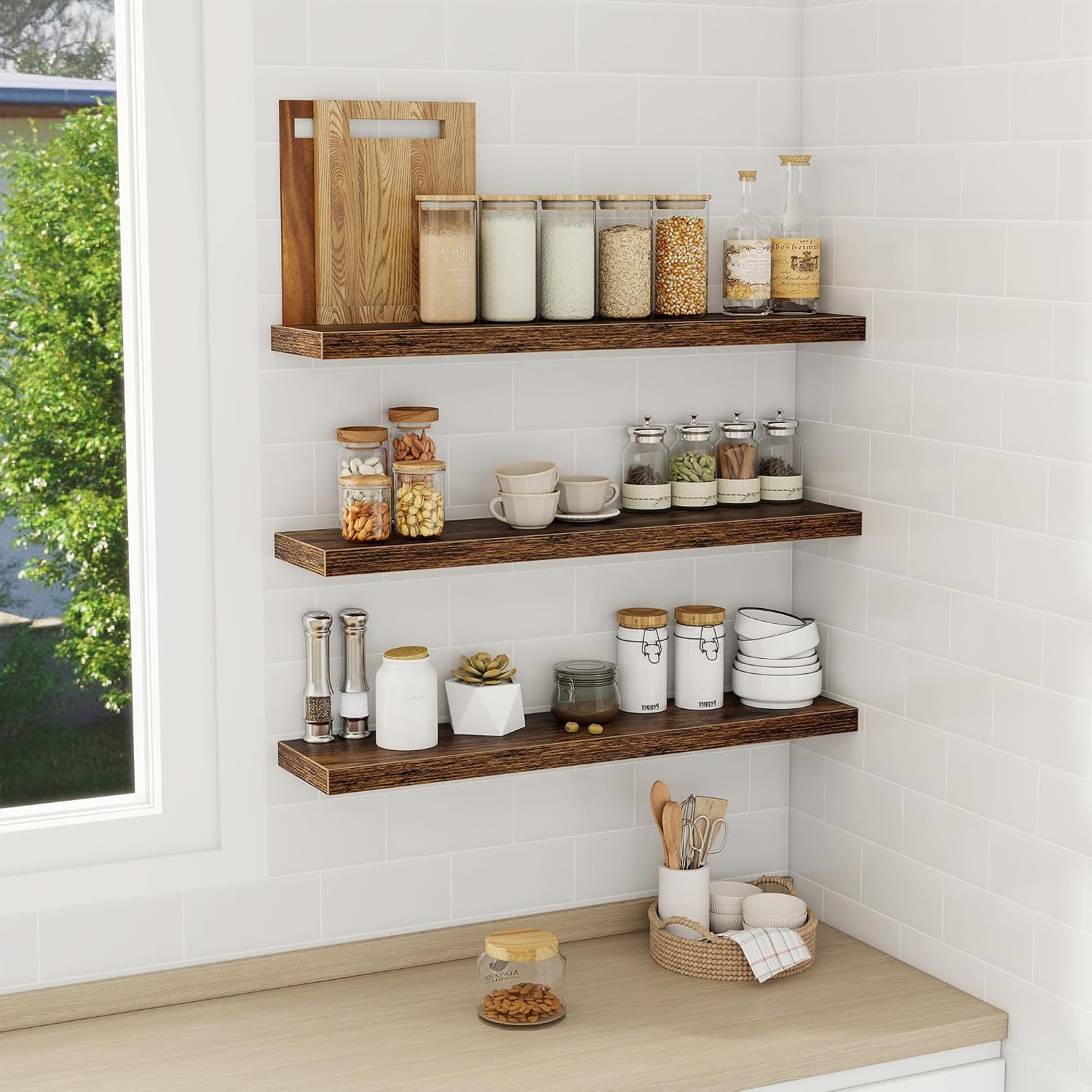 Fun Memories 32 Inch Floating Shelves Wall Shelf Set of 3, Rustic Farmhouse Home Decor Kitchen Living Room Shelves Wall Mounted, 32 x 6.7 x 1.4 Inch, Rustic Brown image 2