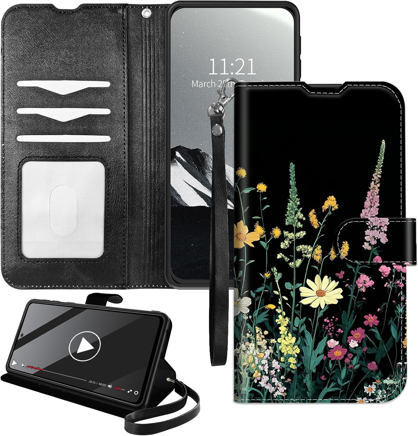 Wallet Case for Moto G Stylus 2021 5G - RFID Blocking,Shockproof,Card Slots,Wrist Strap,PU Leather Cover with Magnetic Closure & Multi-Angle Stand,Wildflower Garden Wildflower Garden for Moto G Stylus 2021 5G - Image 1 of 7