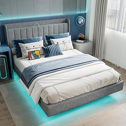 Marco de cama tapizado tamaño Queen, marco de cama flotante con cabecera de almacenamiento con respaldo de ala, puertos tipo C y USB, luces LED,