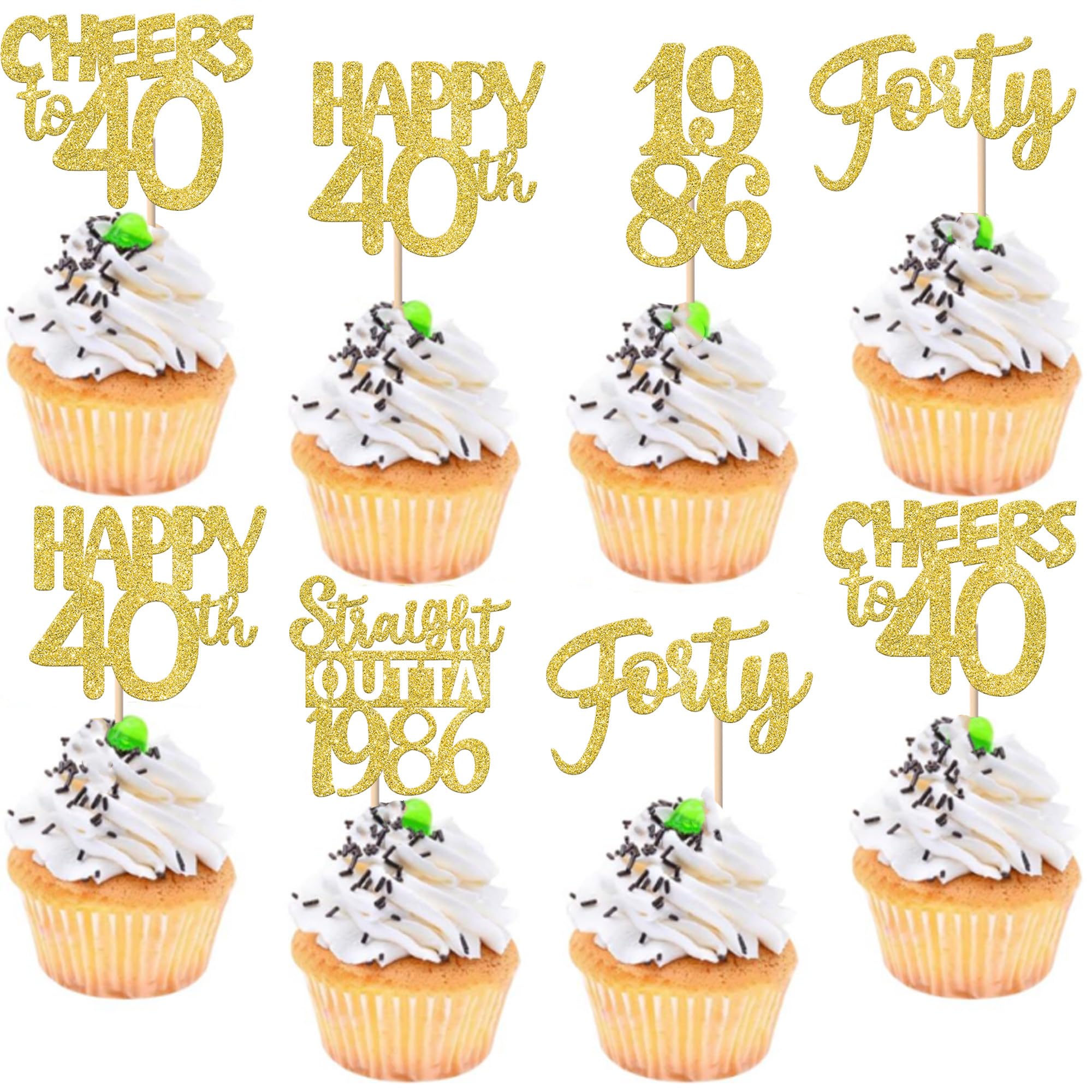 Xsstarmi 30 Pack Happy 40th Birthday Cupcake Toppers Gold Glitter Forty Straight Outta 1986 Cupcake Picks for Cheers to 40 Years 40th Birthday Anniversary Party Cake Decorations