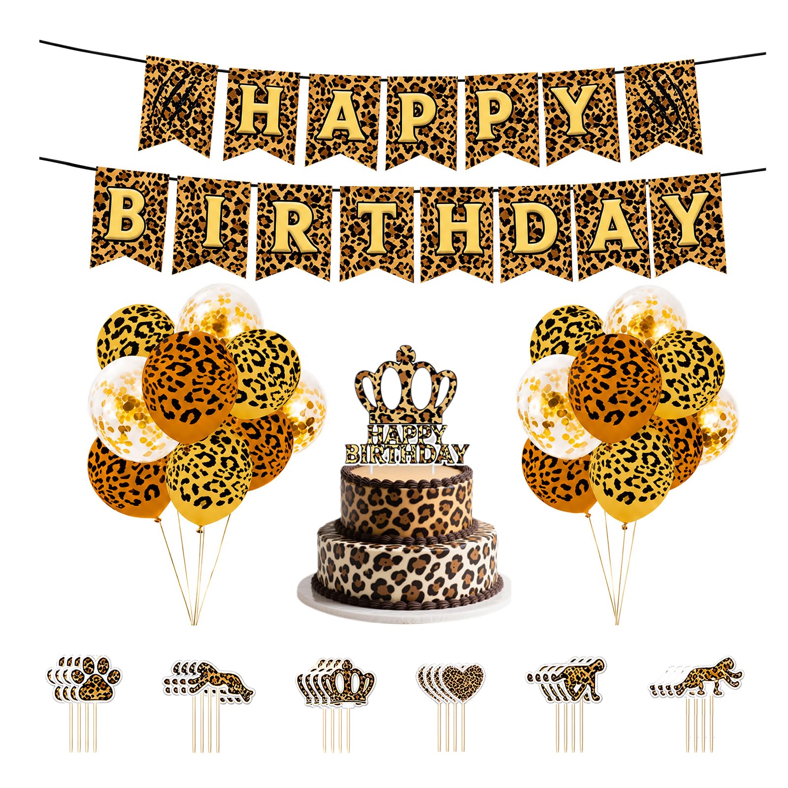 44Pcs Leopard Print Birthday Set, Balloons & Happy Birthday Banner