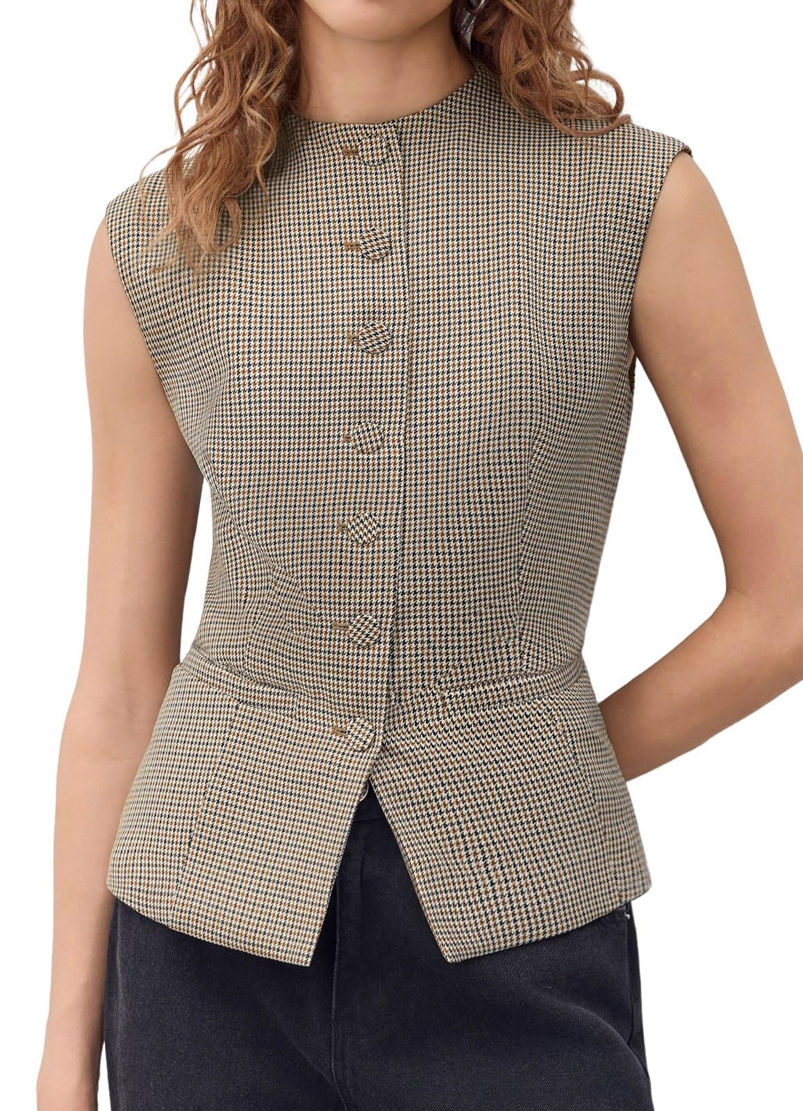 Tankaneo Womens Gingham Suit Vest Tops Round Neck Sleeveless Button Down Fitted Waistcoat Dressy Casual Plaid Blazer Vest