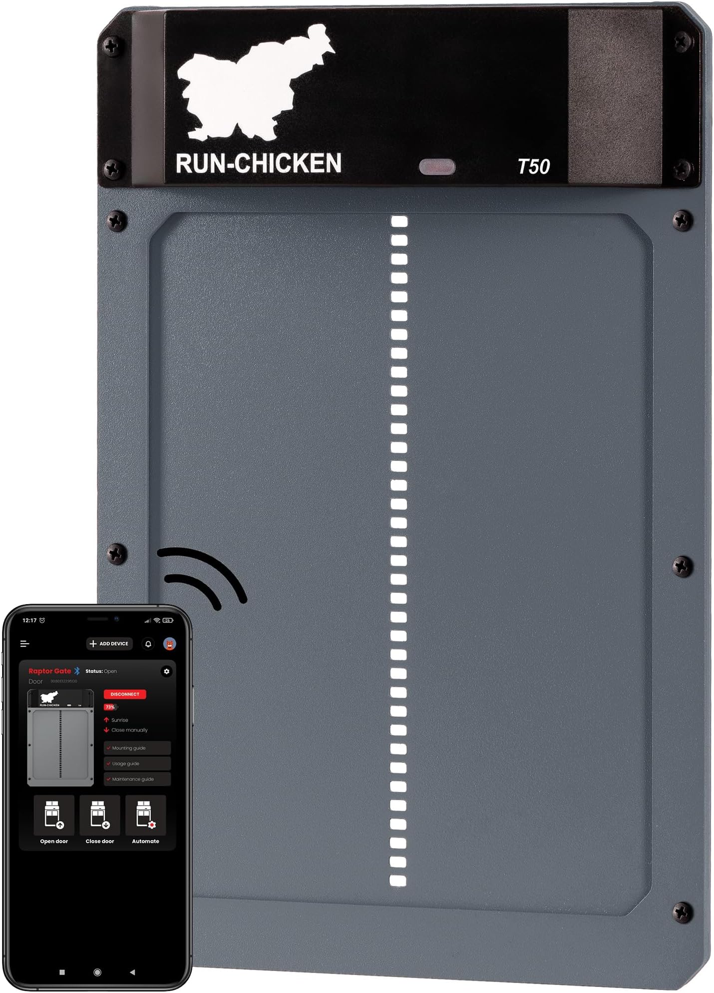 RUN-CHICKEN Door T50 – Automatic Chicken Coop Door Opener, Battery Powered & Weatherproof Aluminum, Smart App & Timer Control, Predator Proof, Easy Install, Reliable All-Season Performance (Gray)