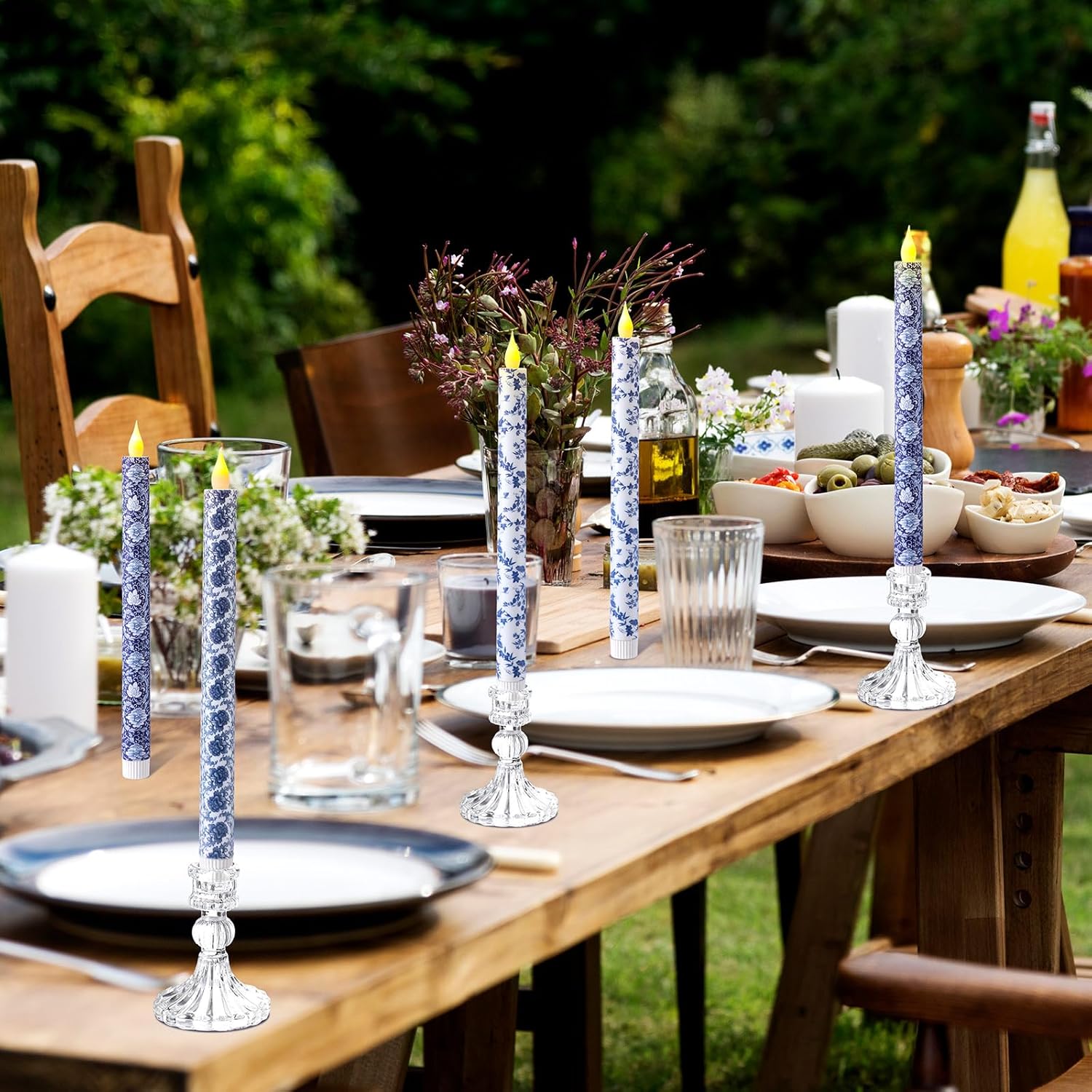 Baquler 6 Pcs Chinoiserie Flameless Candles 10.6 Inch Blue and White Battery Operated Led Candlesticks Chinoiserie Decor Porcelain for Holiday, Wedding, Party Table Centerpiece Home Decor