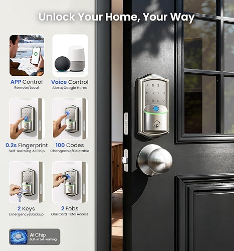 Miniatura 2 de Veise VE027-K - Cerradura inteligente WiFi integrada con 2 perillas, juego de manijas de bloqueo de puerta de entrada sin llave para puerta