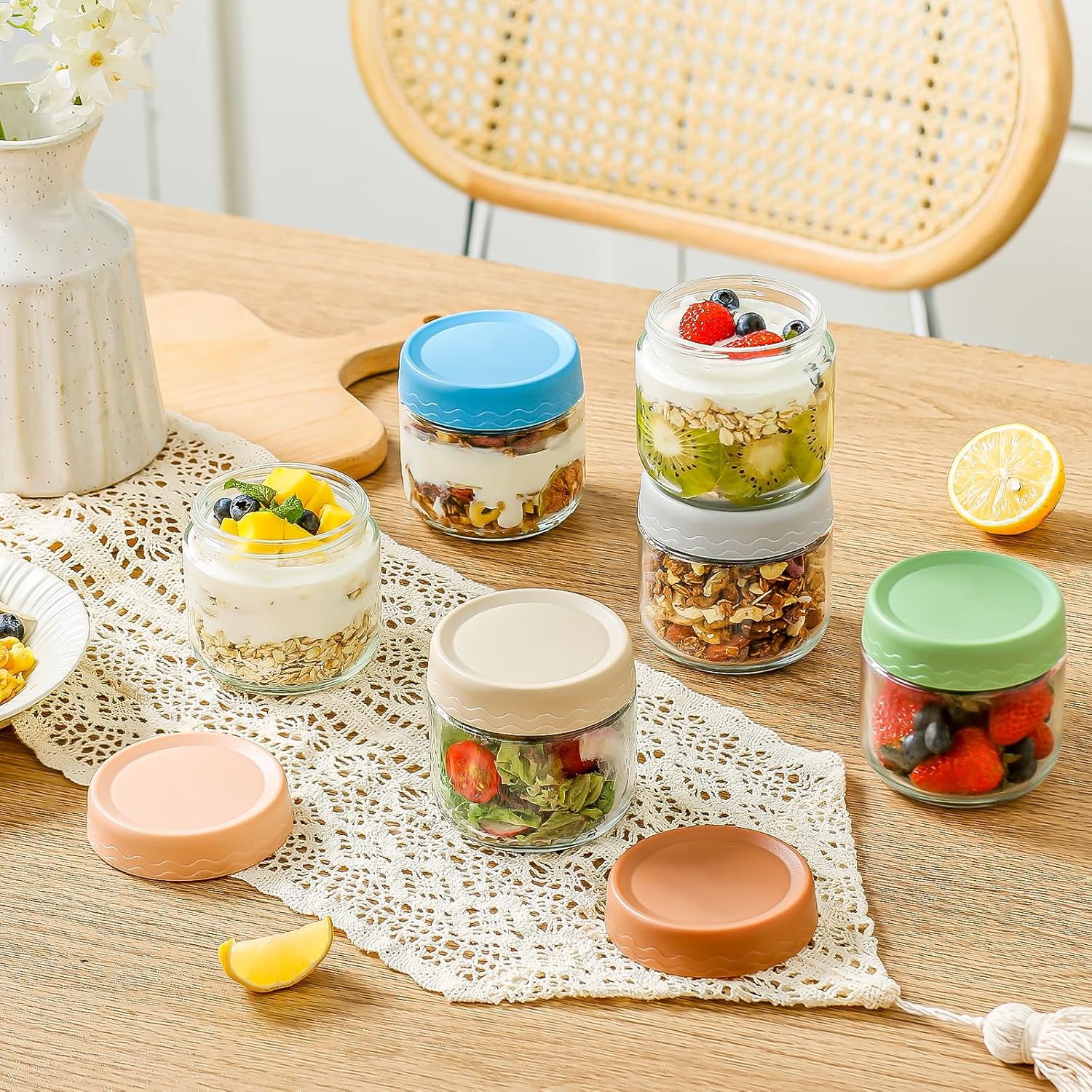 DRKIO 10 Oz Overnight Oats Containers with Lids - 6 Pack Glass Storage Jars with Airtight Lids Wide Mouth Mason Food Jars Great for Meal Prep Salad Chia Pudding Snacks Yogurt Sugar Spice Cereal - Image 6