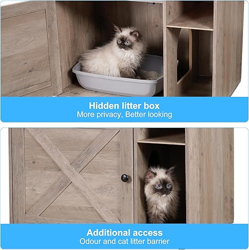 Miniatura 7 de Hey-brother Árbol para gatos con caja de arena, moderna torre para gatos de interior con plataforma grande, estación de comida de condominio y 2