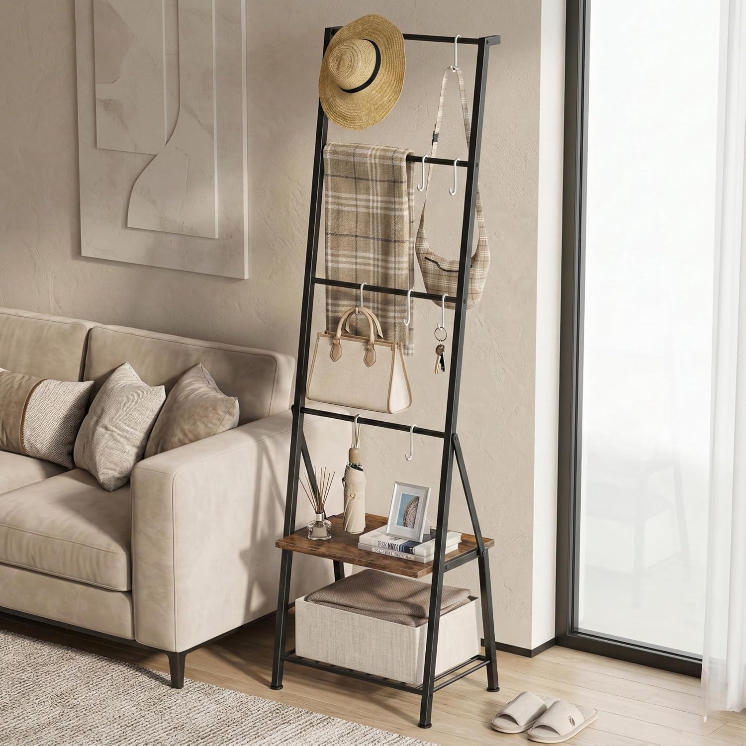 CADUKE Blanket Ladder with Storage Shelf, Blanket Rack with 8 Removable Hooks, Towel Ladder for Bathroom Living Room and Bedroom, Rustic Brown