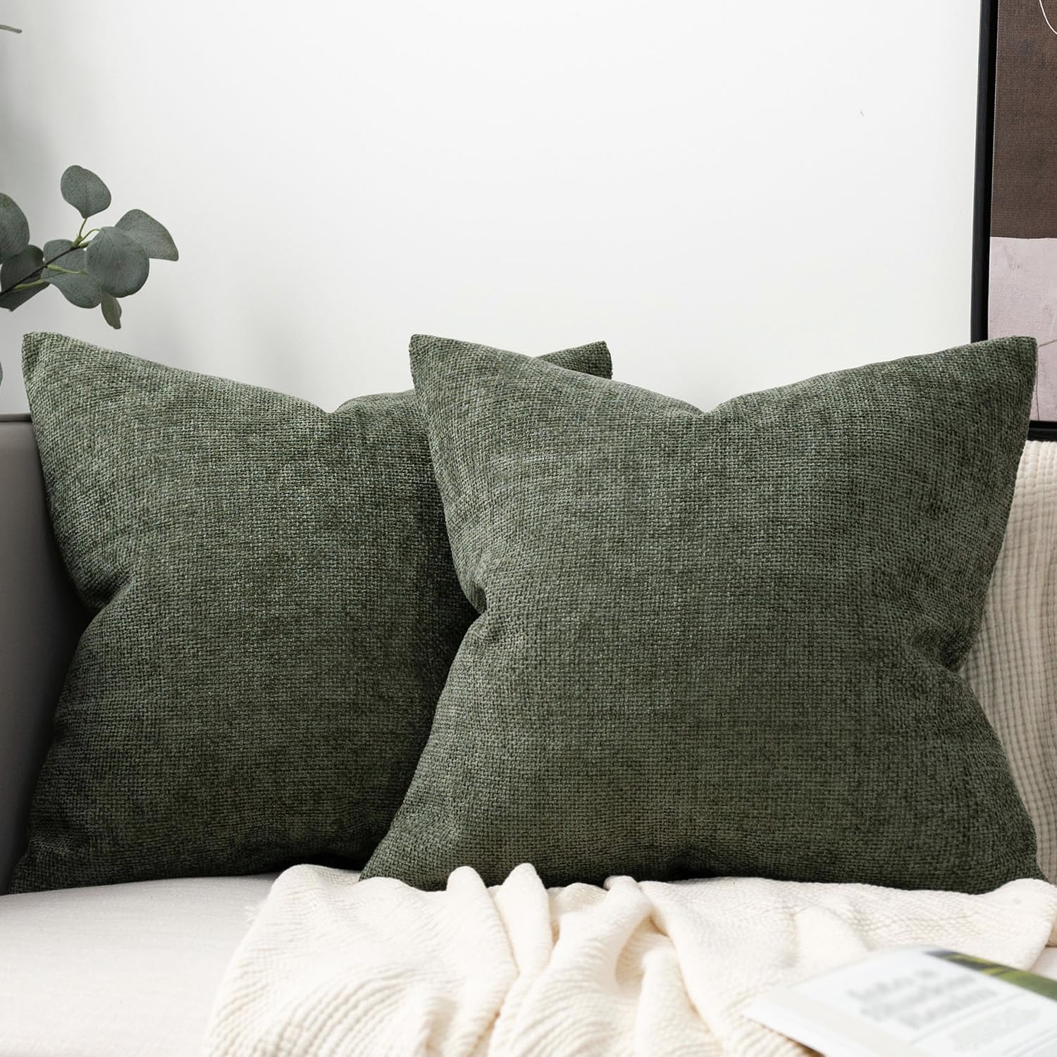 Set of 2 Chenille Linen Decorative Throw Pillow Covers 16x16 Inch Textured Farmhouse Pillow Covers for Bed Couch Sofa Living Room Rustic Cushion Cases, Olive Green - Image 2