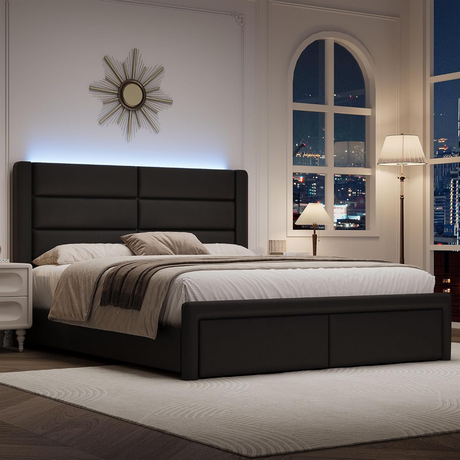 Queen Upholstered Bed Frame with Headboard and LED Lights, Modern Faux Leather Bed Frame with Wooden Slats Support and Heavy Duty Mattress Foundation, No Box Spring Needed, Easy Assembly, Black