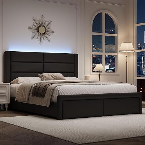 Queen Upholstered Bed Frame with Headboard and LED Lights, Modern Faux Leather Bed Frame with Wooden Slats Support and Heavy Duty Mattress Foundation, No Box Spring Needed, Easy Assembly, Black