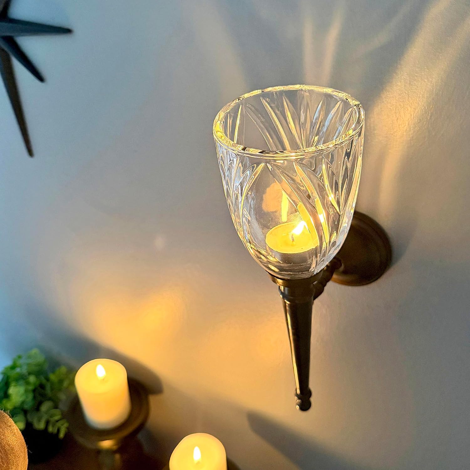 Wall Candle Sconce, 12 Inch Swirl Lead Crystal Glass in Bronze Finish