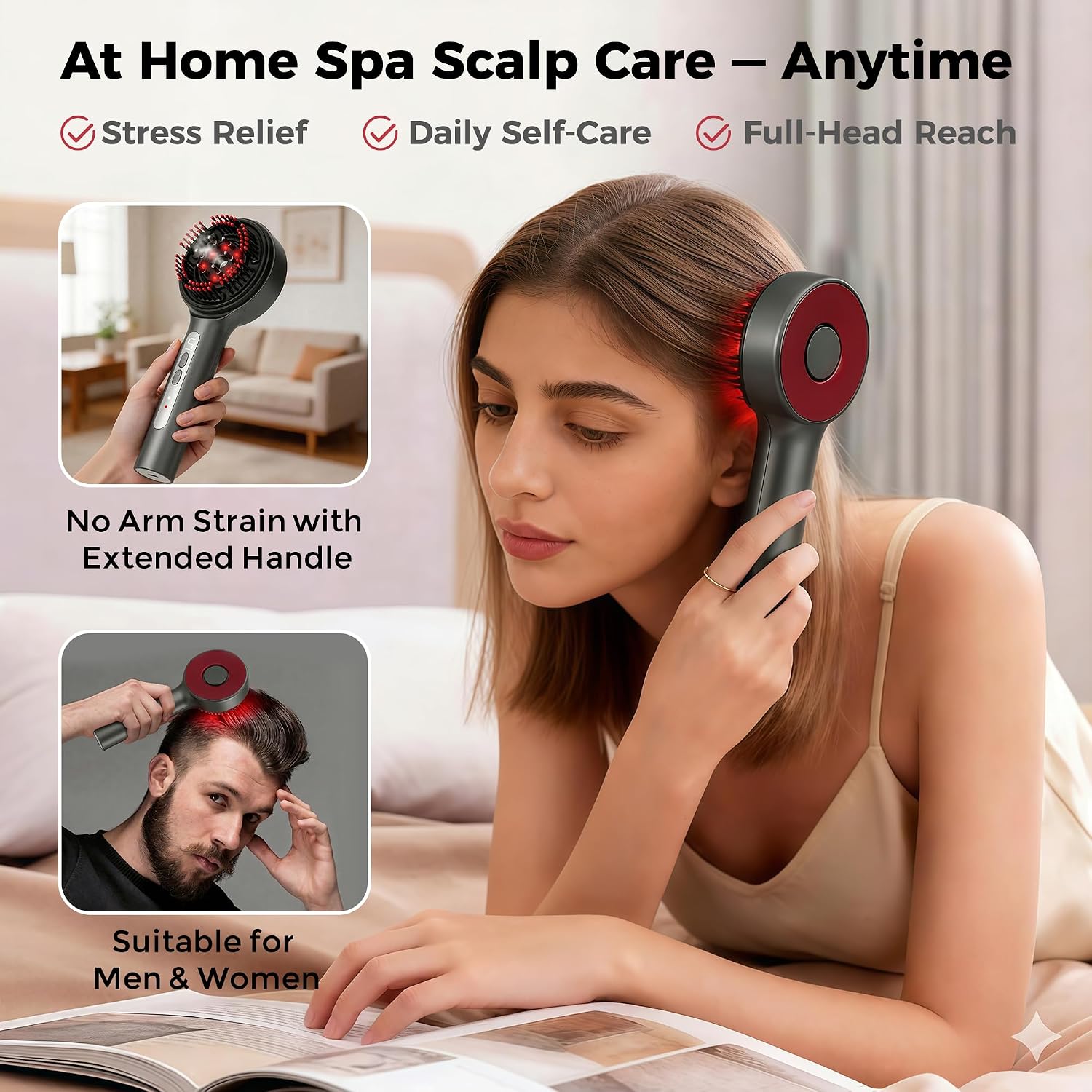 Cordless Electric Scalp Care Comb with Refillable Mist Reservoir, 72 Flexible 3D Comb Tips, 5 Intensity Levels, USB-C Rechargeable Portable Hair Care Tool for Home and Travel