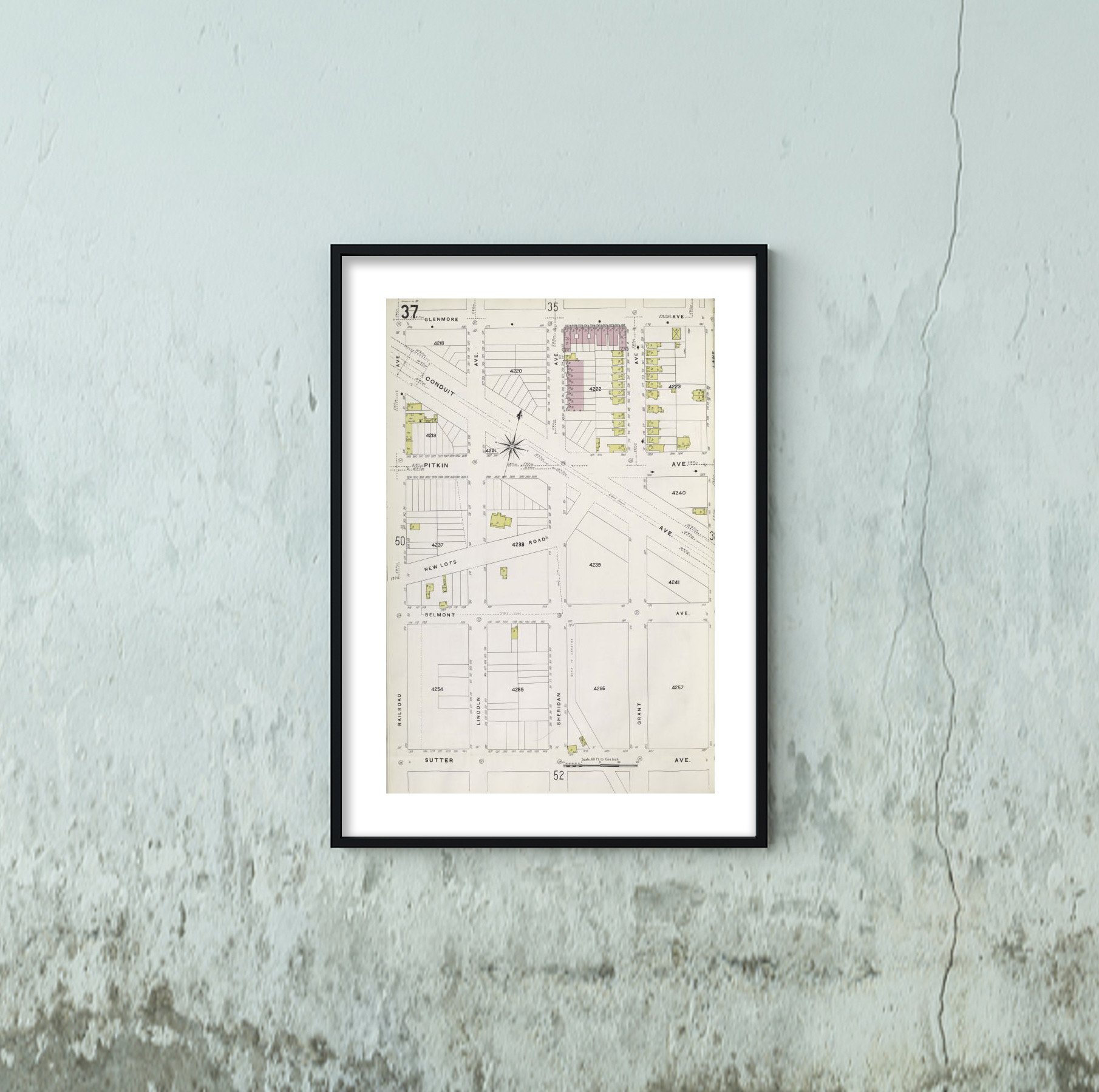 1884 Map York Brooklyn V. 8, Plate No. 37 Map Bounded Glenmore Ave, Eldert Lane, Sutter Ave, Railroad Ave Sanborn Map Company|Historic Antique Vintage Reprint|Ready to Frame
