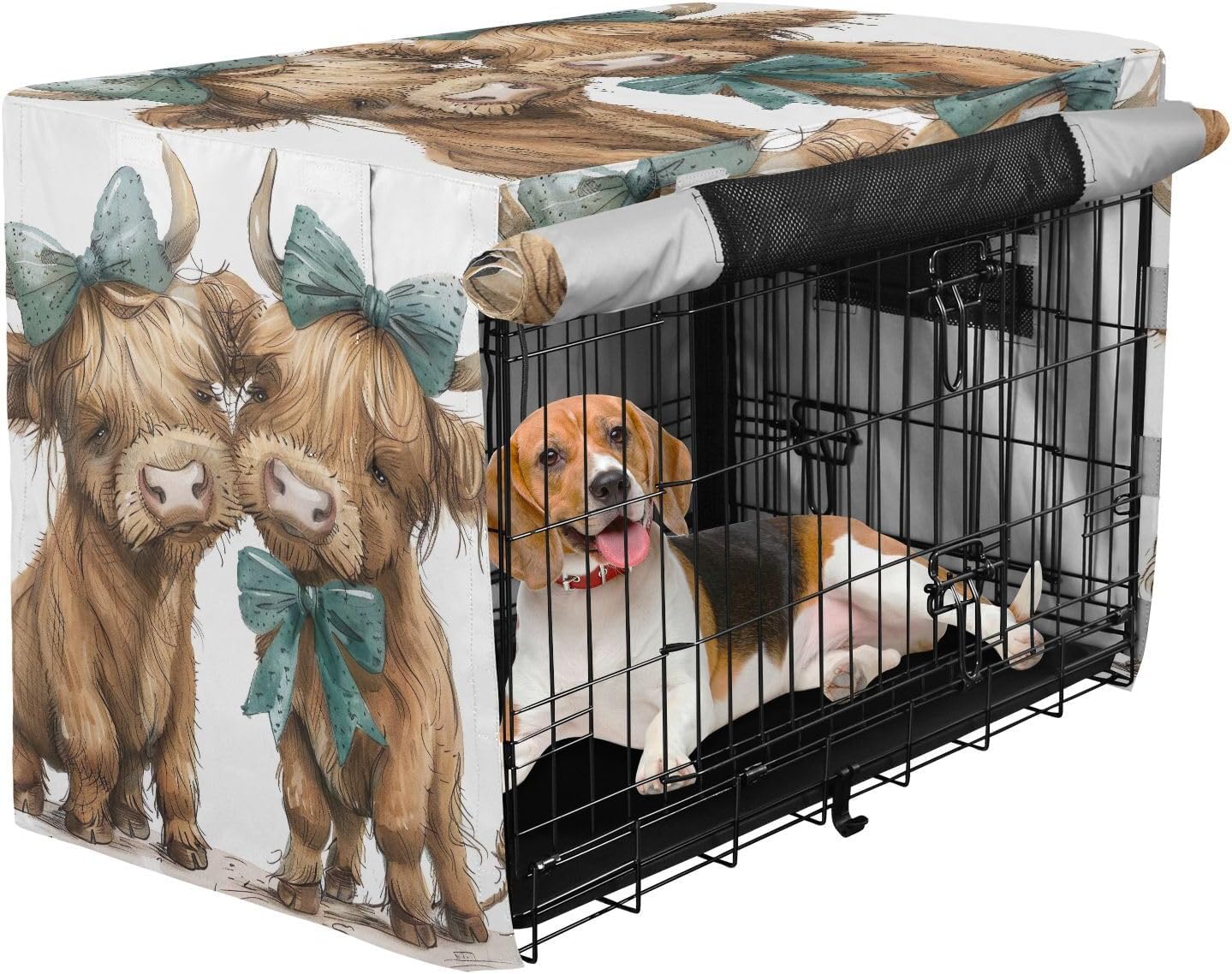 Cute Highland Cows Dog Crate Covers Easy to Install, Pet Cage Cover with Mesh Windows, Large