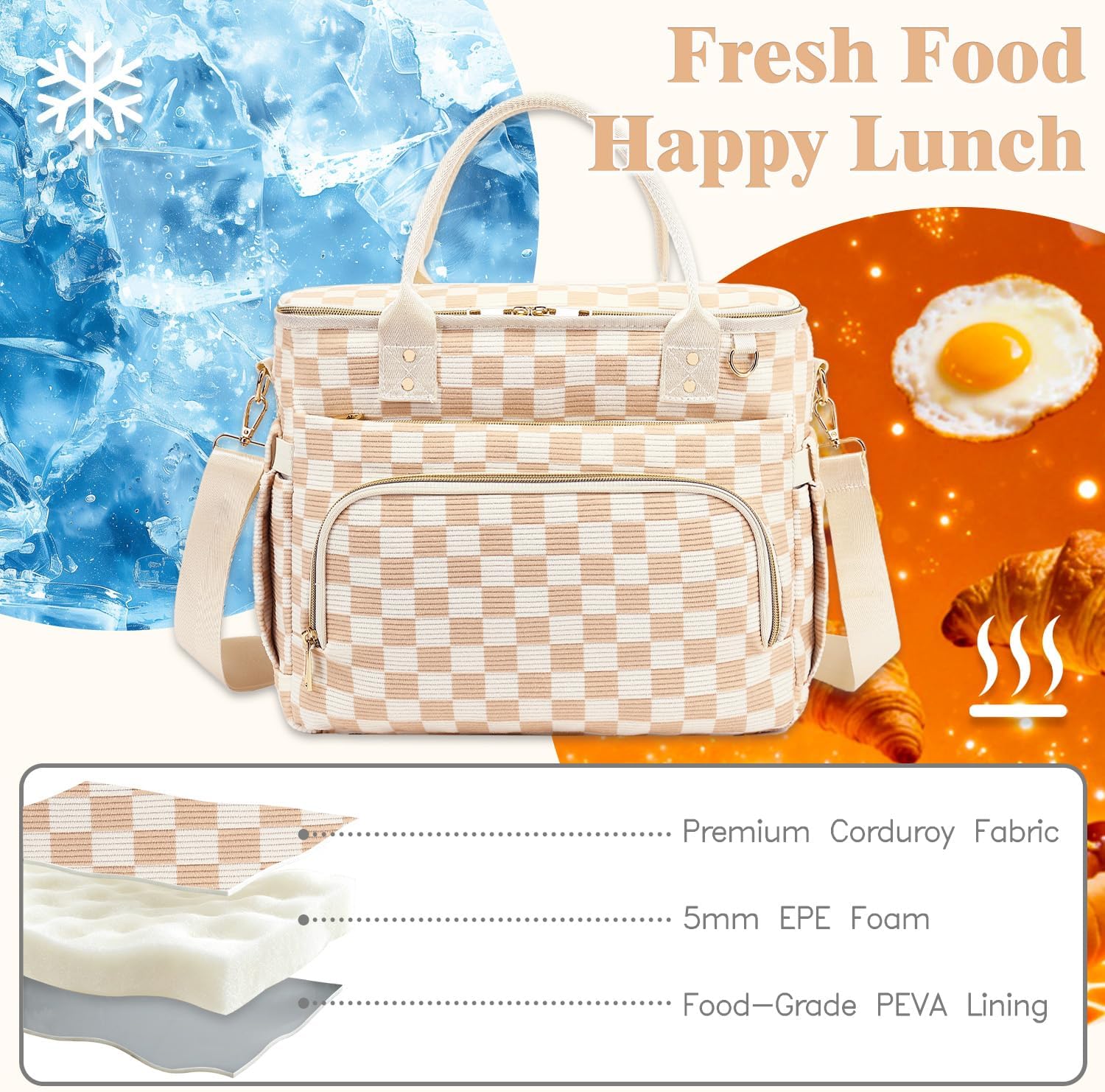 GYEUKHAM Insulated Lunch Bag for Women Men,Extra Large Lunch Box, Leakproof Reusable Cooler Tote for Adult, Everyday Soft Lunch Tote Bag for Work College Picnic Travel,C-Khaki Checkered