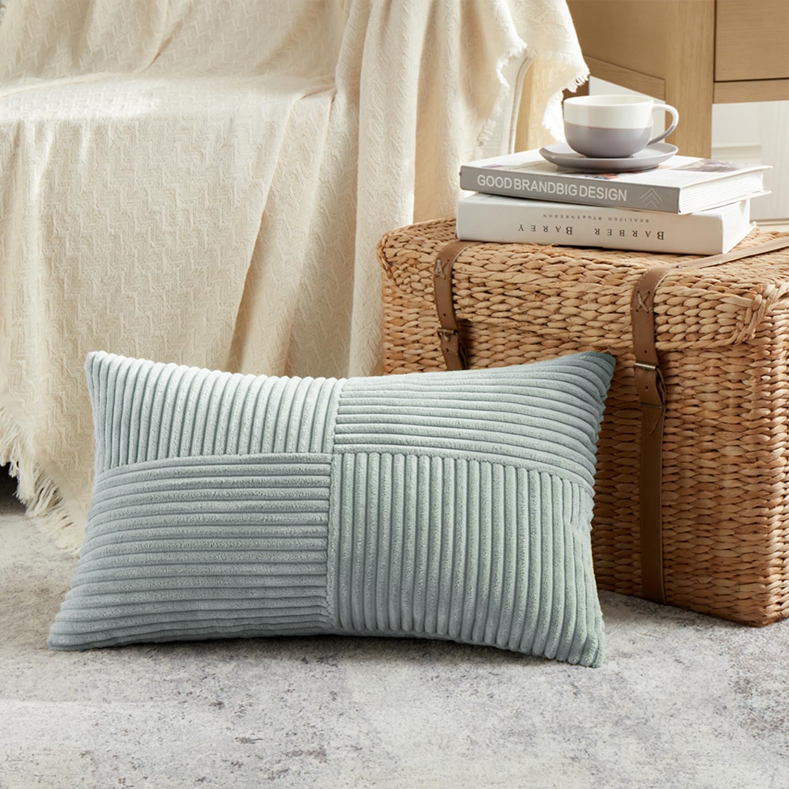 FDTERN Grey Blue Lumbar Decorative Throw Pillow Covers 12x20 Inch for Couch Bed Sofa, Rustic Farmhouse Boho Home Decor, Soft Striped Corduroy Rectangle Accent Cushion Covers 30x50 cm — image 1