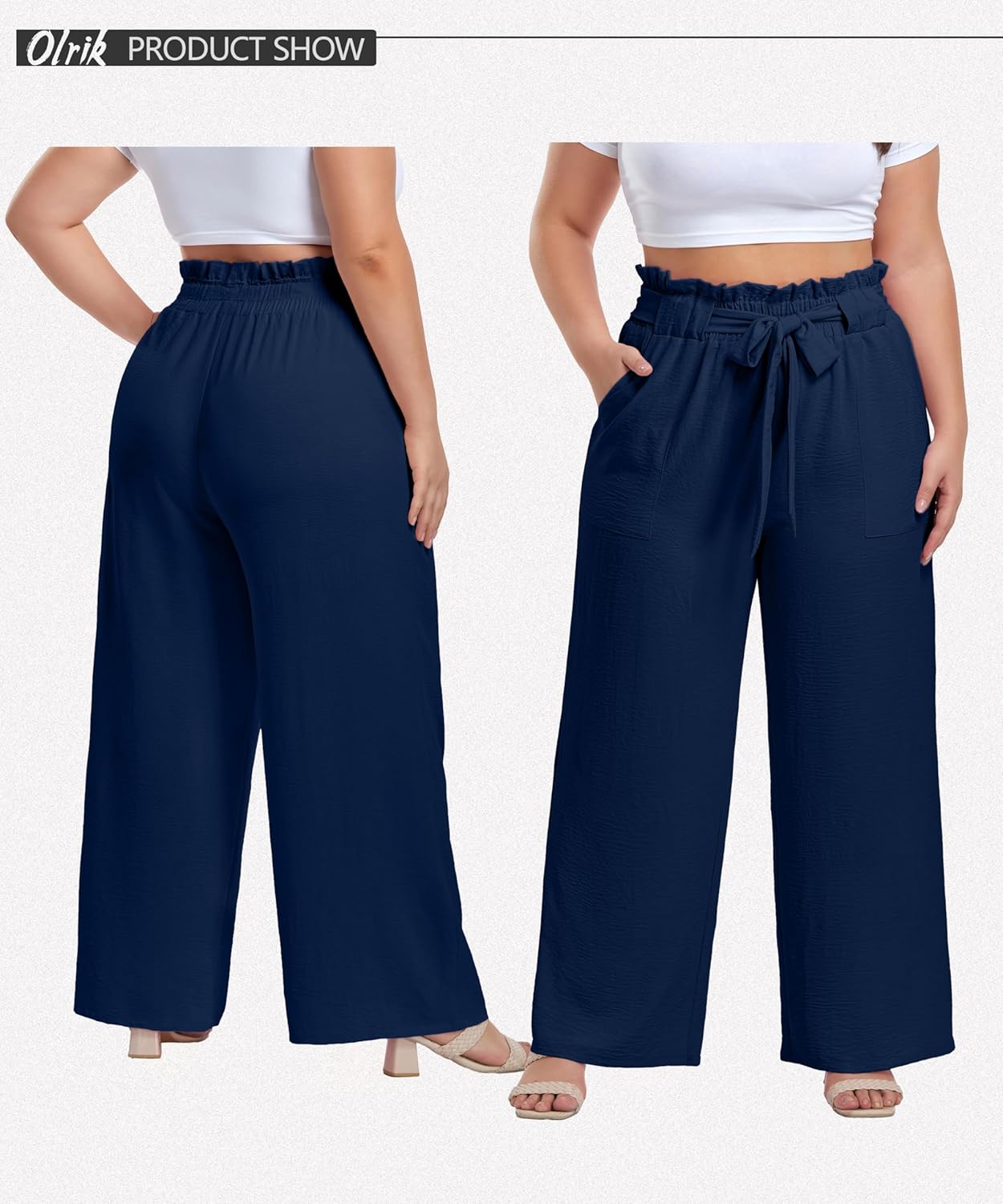 OLRIK Women's Plus Size Pants Adjustable High Waist Wide Leg Palazzo Casual Trousers with Pockets Spring Clothes 4X Dark Blue