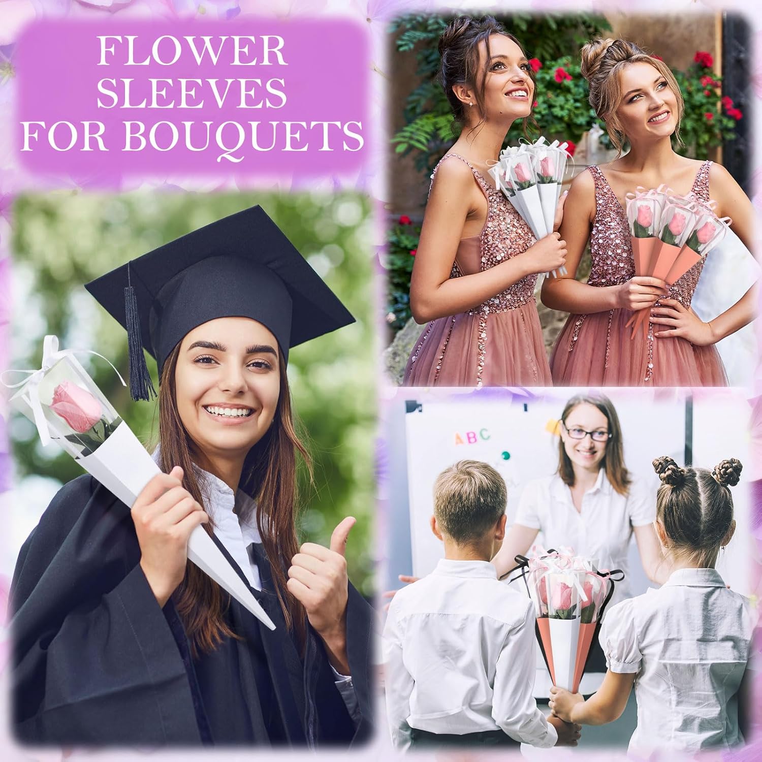 Thyle 24 Pcs Flower Bags Single Rose Sleeves Flower Bouquet Bags DIY Floral Wrapping Paper Single Rose Floral Gift Box for Women Mother's Day Wedding Arrangement Supplies(Black, White, Pink) - Image 6