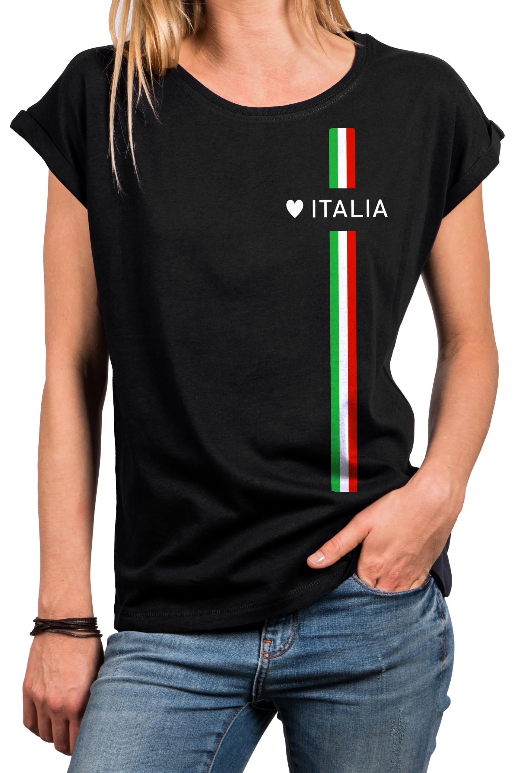 Makaya Women's Black Italian T-Shirts Statement Top Love Italia Flag Graphic Tee Crew Neck Short Sleeve Girls S