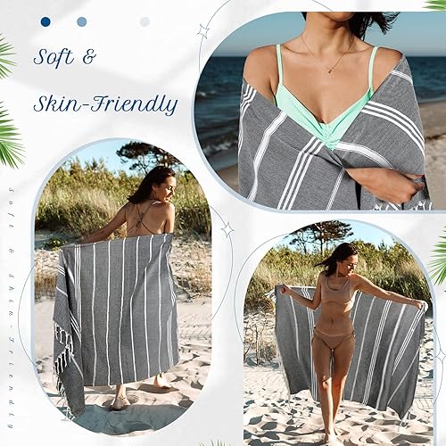 Miniatura 3 de Mixweer Paquete de 12 toallas de playa turcas a granel con bolsa de viaje de 36 x 71 pulgadas, algodón, de secado rápido, a prueba de arena,