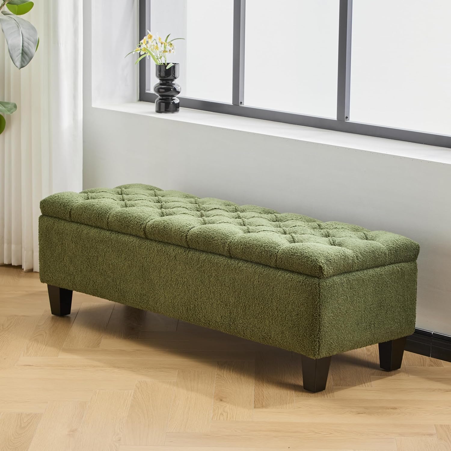 Dancongtea 51 Inch Storage Ottoman Bench with Boucle Fabric, Tufted Diamond Stitching Upholstered Bench with Rubber Wood Legs, Entryway Bedroom Living Room Seating with Hidden Storage, Green