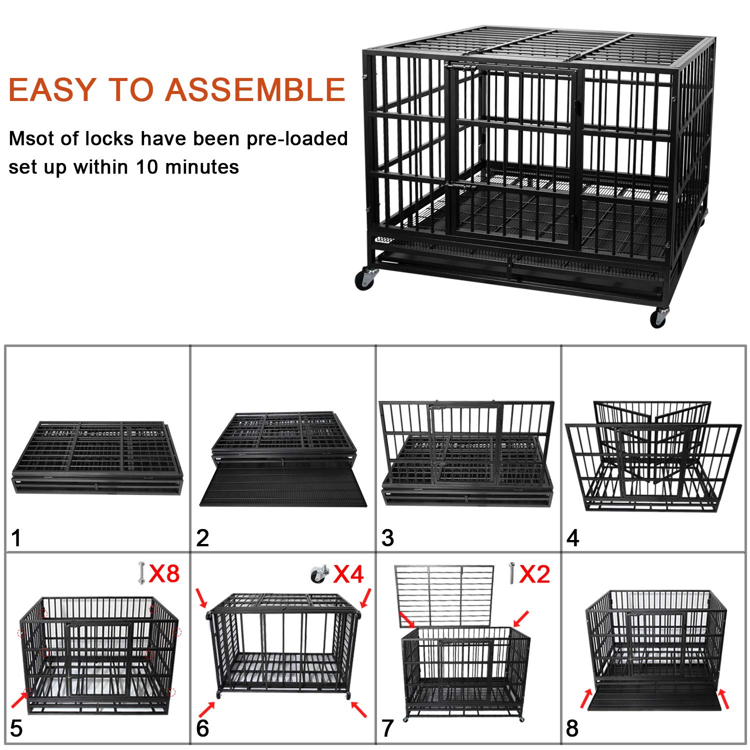 Otaid 48 Inch Heavy Duty Indestructible Dog Crate Cage Kennel with