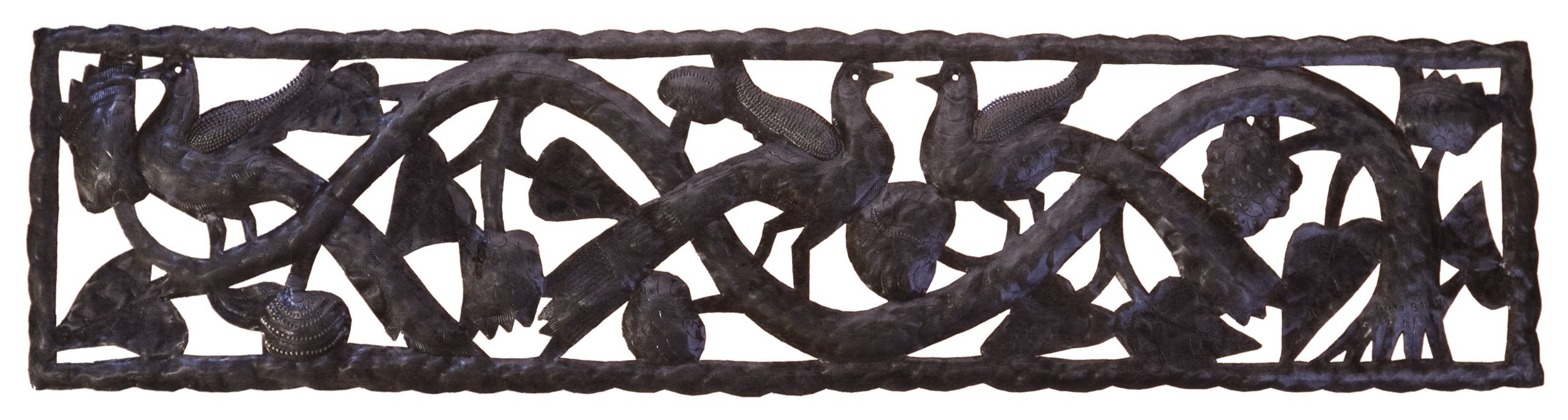 Le Primitif Galleries Haitian Recycled Steel Oil Drum Outdoor Decor, 48 by 12-Inch, Horizontal Tree of Life Strip