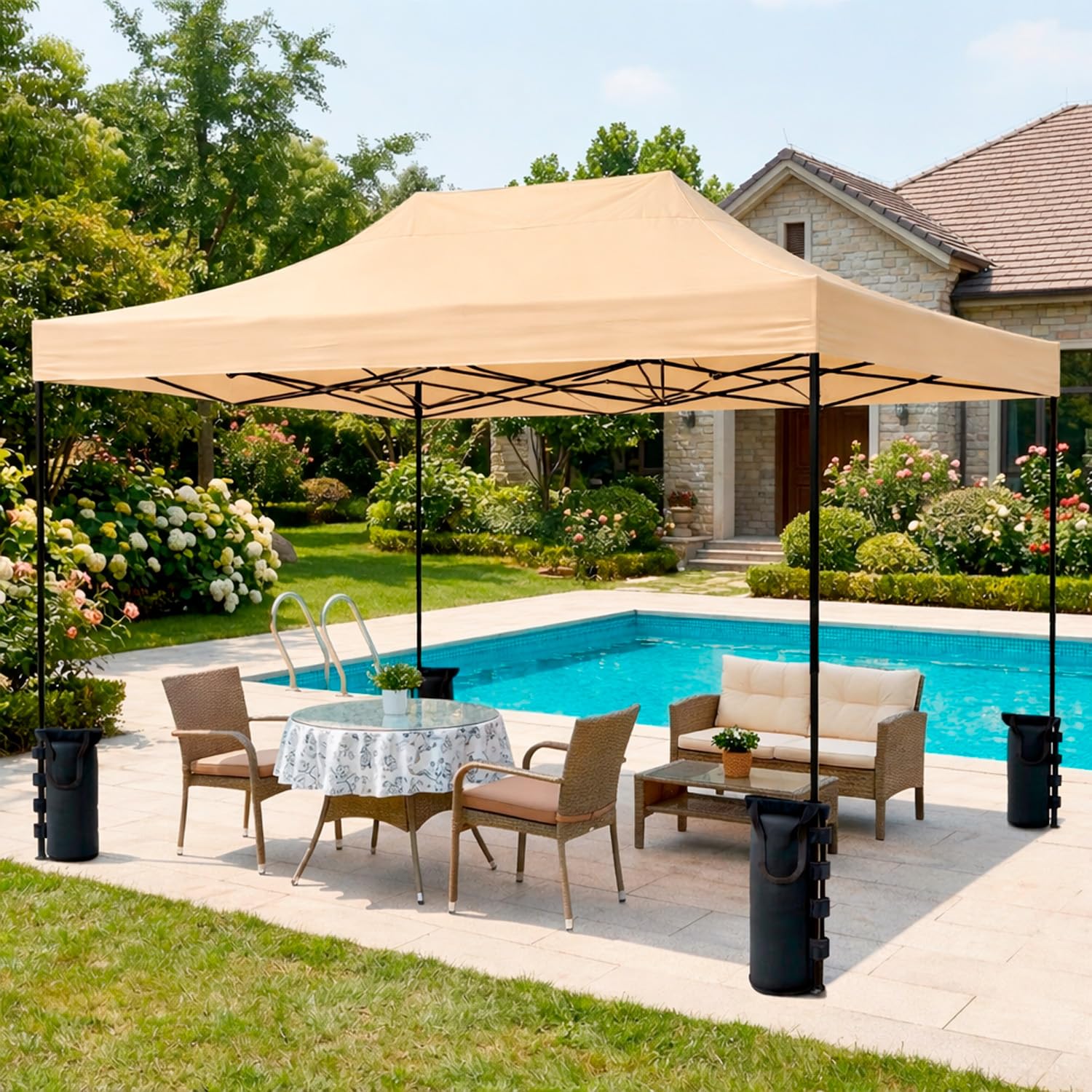 Gazebo Professionale 3x4.5 M Richiudibile Automatico In Acciaio Con Telo Oxford 1200D PVC Impermeabile e Anti UV Struttura a Fisarmonica con Sacche Zavorra e Borsa Trasporto Sagre Feste (Beige)