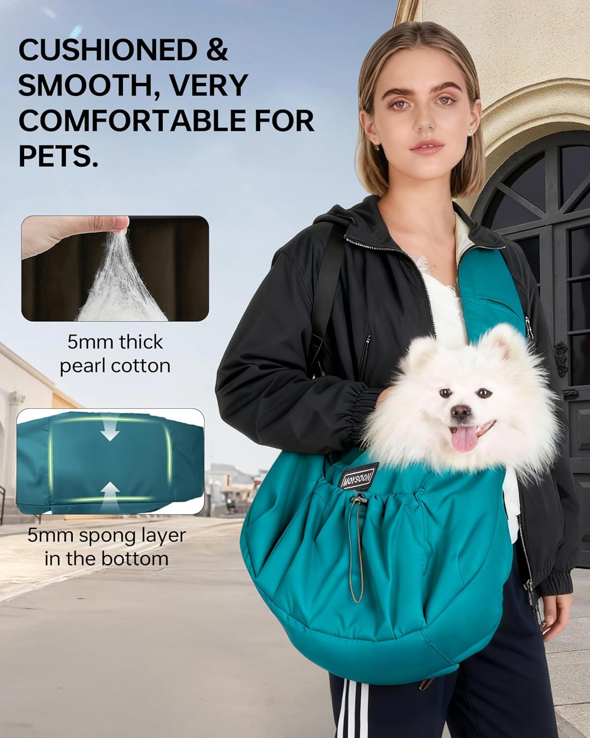 Puppy Sling Carrier for Small Dog-Widened and Thickened Shoulder Strap with Storage Pocket, Adjustable Hands-Free Small Dog Carrier Sling for Outdoor, Cat & Dog Sling Carrier 7-15 lbs,(Peacock Blue).