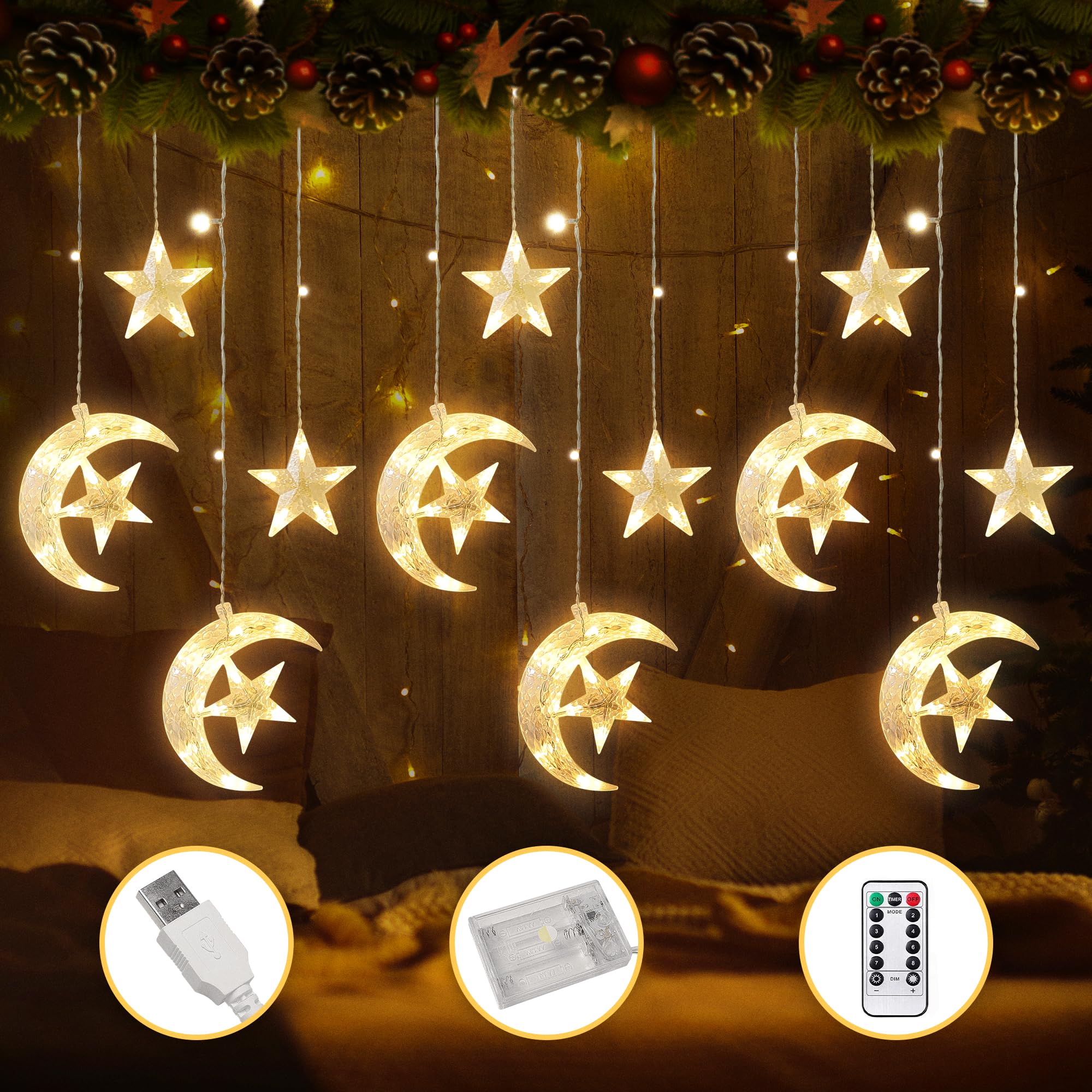 FemKey Cortina de Luces Estrellas, 3,5M Cadena de Luces de Navidad USB/Batería Estrellas y Lunas, 8 Modos Guirnaldas Luminosas Estrellas IP44 con Control Remoto para Decoración de Navidad