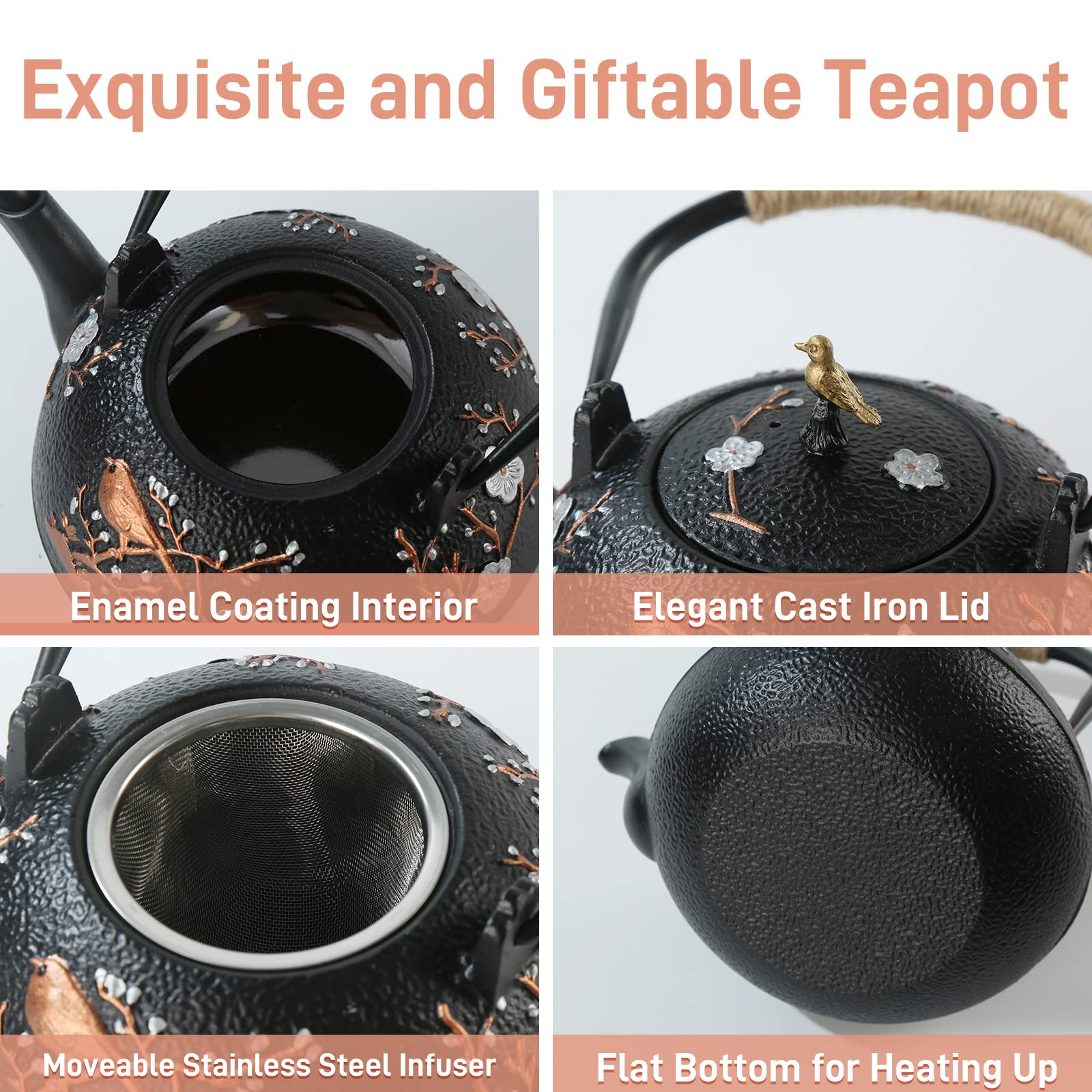 Tetera de hierro fundido SECHUDO para estufa, cubierta segura con interior esmaltado, hermosa tetera japonesa con infusor de acero inoxidable para té suelto (40 onzas/1200 ml)