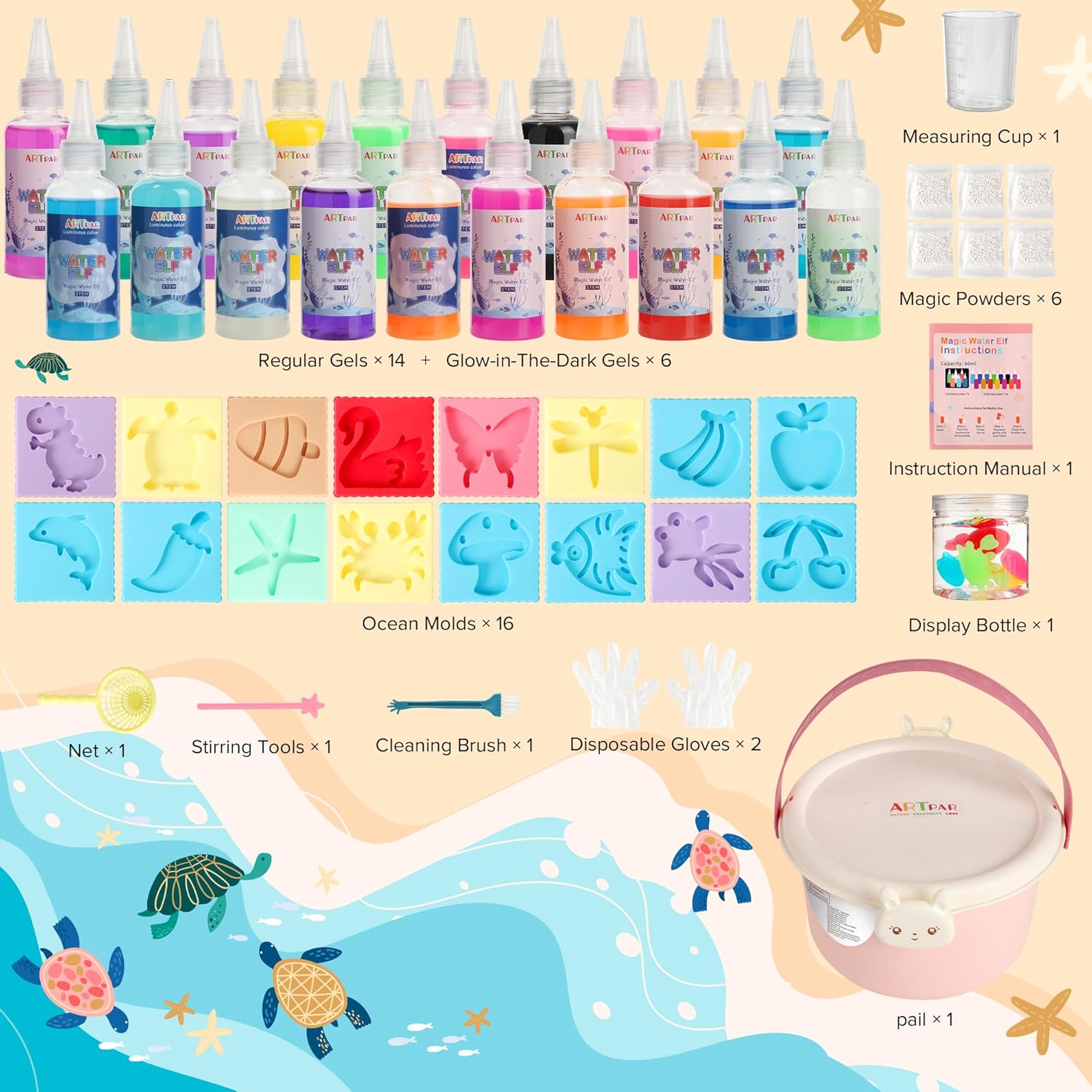 ARTPAR Water Elf Magic Gel Kit - 20 Colorful Gels + 16 Fantasy Molds - Non-Toxic Sensory Toys for Kids - Creative Arts & Crafts Project - Birthday Gifts for 5 6 7 8 9 10 Year Old Girls Boys