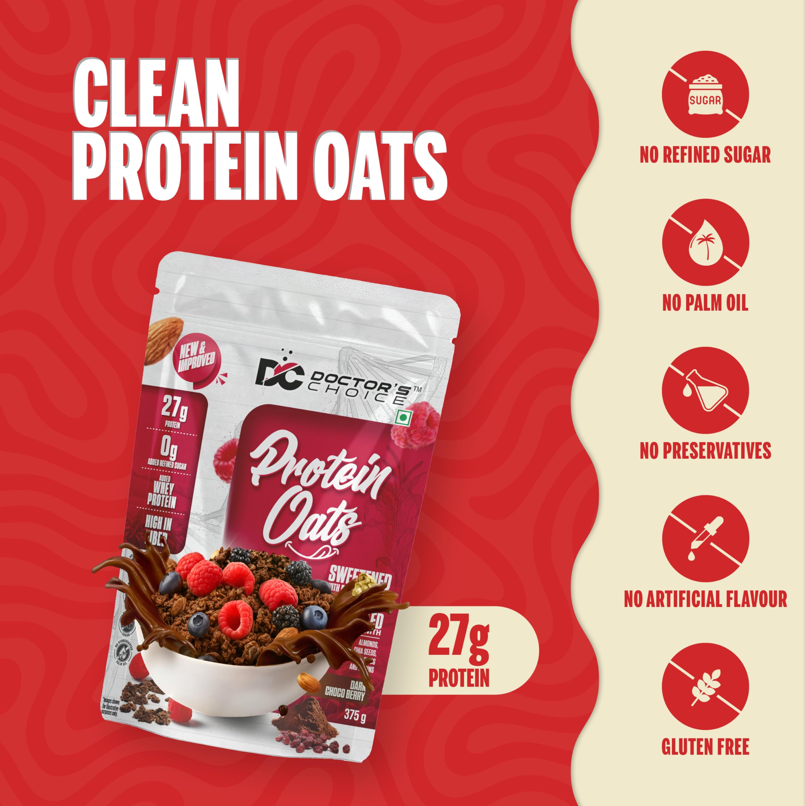 Doctors Choice High Protein Oats 375g | 27g Protein Oatmeal | Dark Choco Berry Flavor | No Added Sugar | Gluten Free | High Fiber Healthy Breakfast Oats 1
