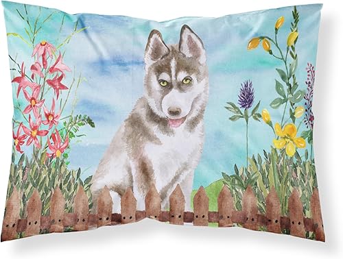Caroline's Treasures CK1258PILLOWCASE - Funda de almohada de tela de primavera gris siberiano Husky estándar, ligera, súper suave, fácil de cuidar,