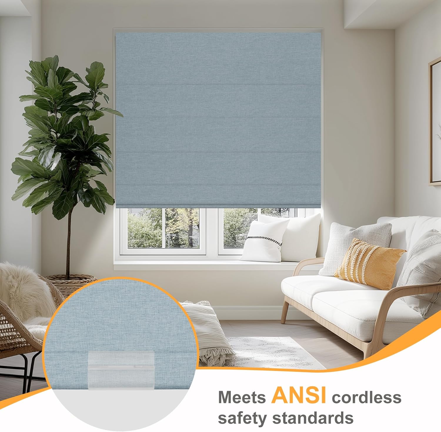 No Drill Roman Shades Cordless,Blackout Linen Roman Blinds,No Tools Blinds for Indoor Windows,Room Darkening,Privacy for Home Decor,Blackout - Blue,Custom Size