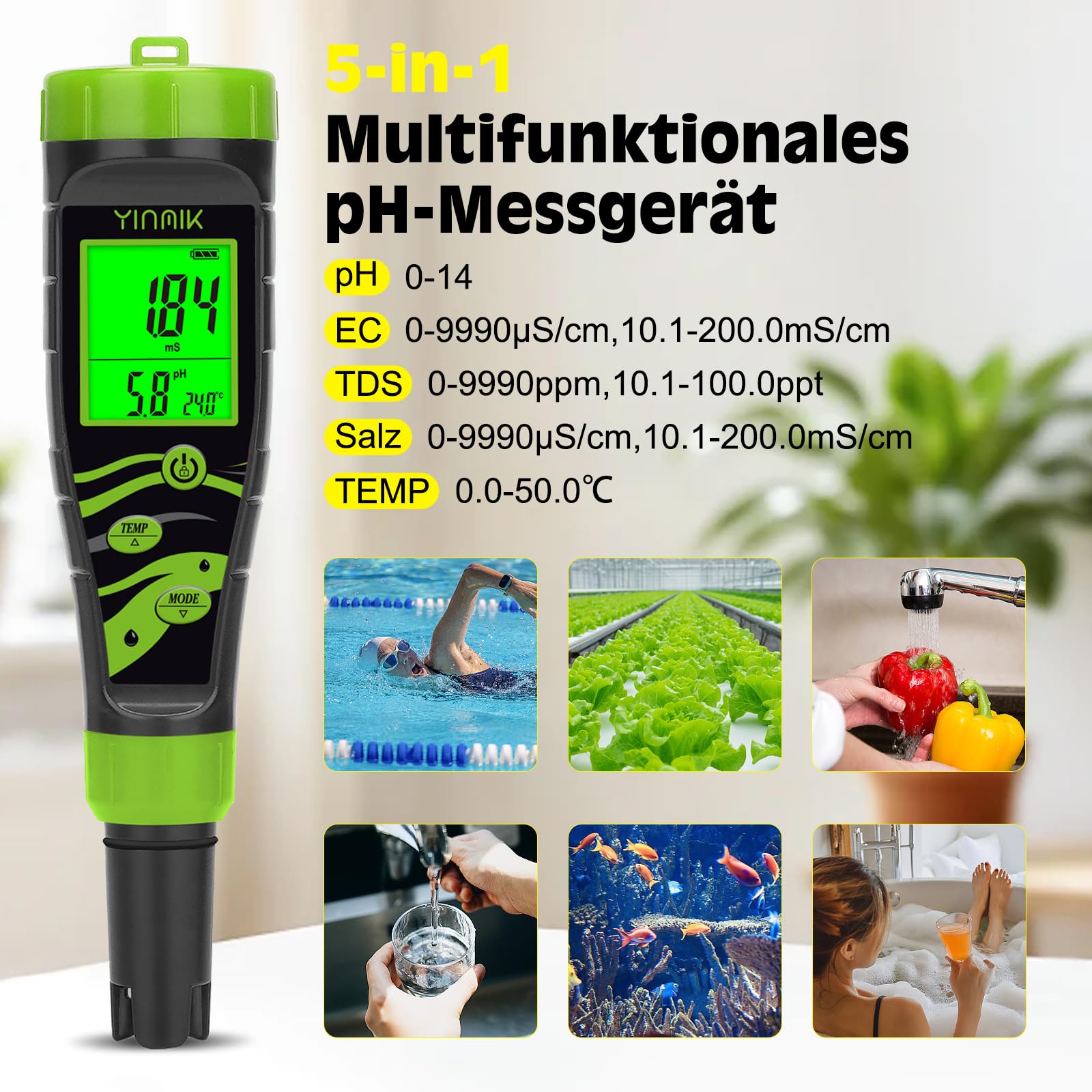 YINMIK 5 in 1 pH Messgerät Wasser, Pool pH Messgerät, Digitales pH EC Messgerät, Salzgehalt pH Tester, pH Leitfähigkeit Messgerät Grow, pH Salz EC TDS Temp Tester für Hydrokultur Trinkwasser Aquarium