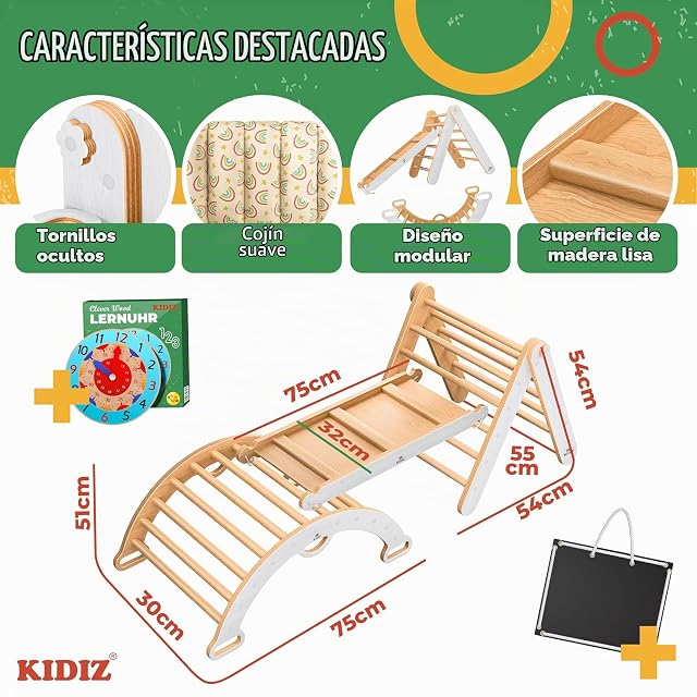 Foto 8 de 8 de Kidiz® Juego de escalada Montessori 7en1 con arco de escalada, tobogán, triángulo de escalada de madera…