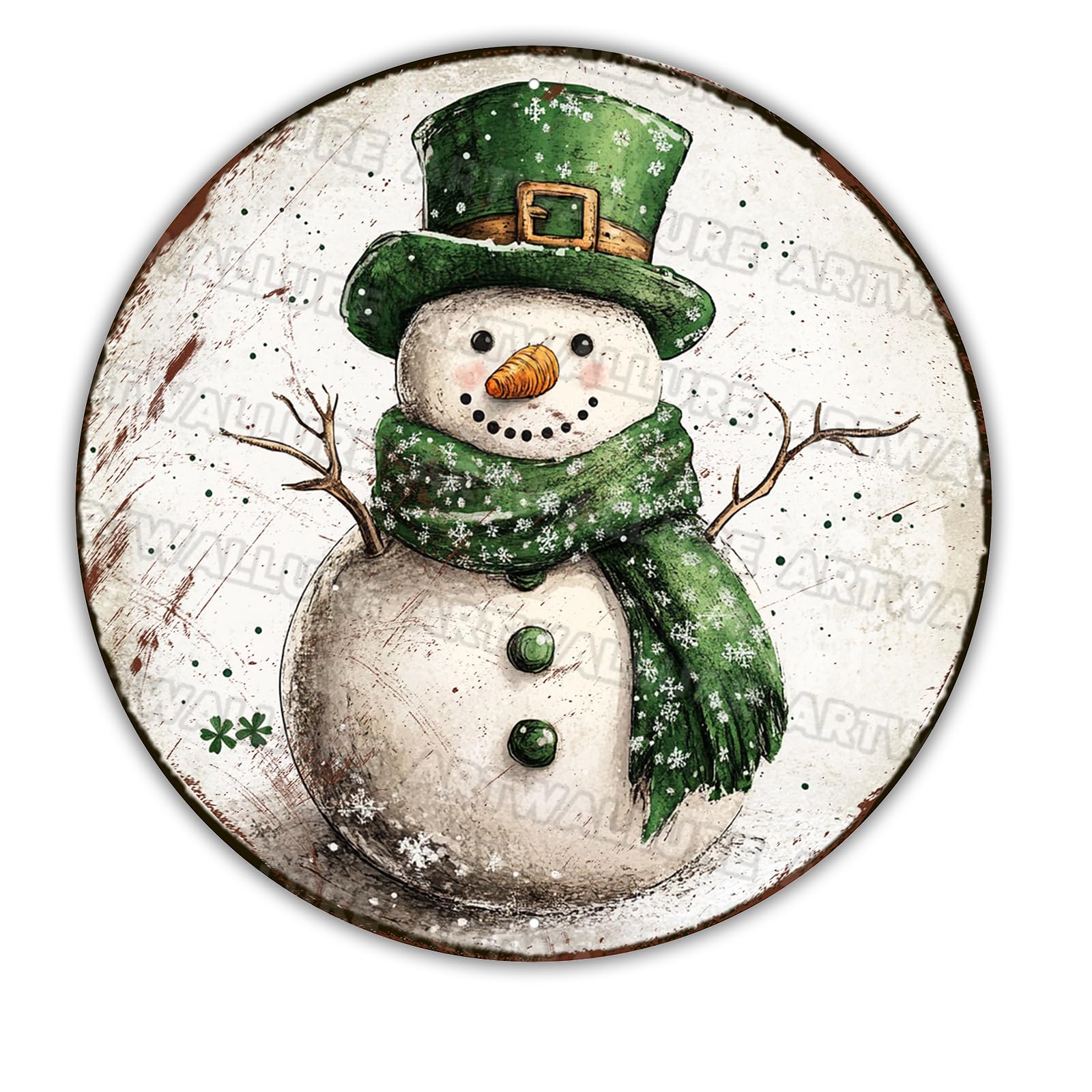 Vintage Snowman Welcome Sign - Round Christmas Wreath Aluminum Plaque for Front Door, Porch and Indoor Holiday Decor Metal Art 12x12Inch